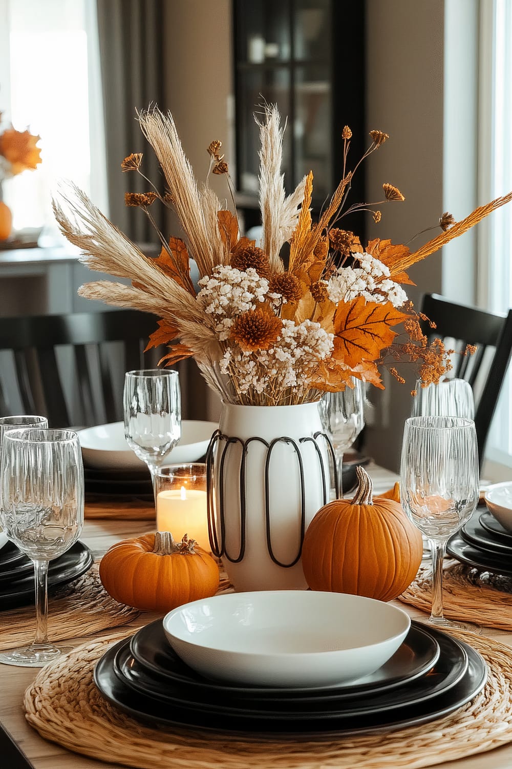 A dining table set for a meal, adorned with dark plates, white bowls, and transparent glassware. The centerpiece features a white vase with black linear designs, filled with an arrangement of dried flowers and grasses in autumn colors, including orange and white blooms. Surrounding the vase are small pumpkins and a lit candle, contributing to the fall-themed decor.