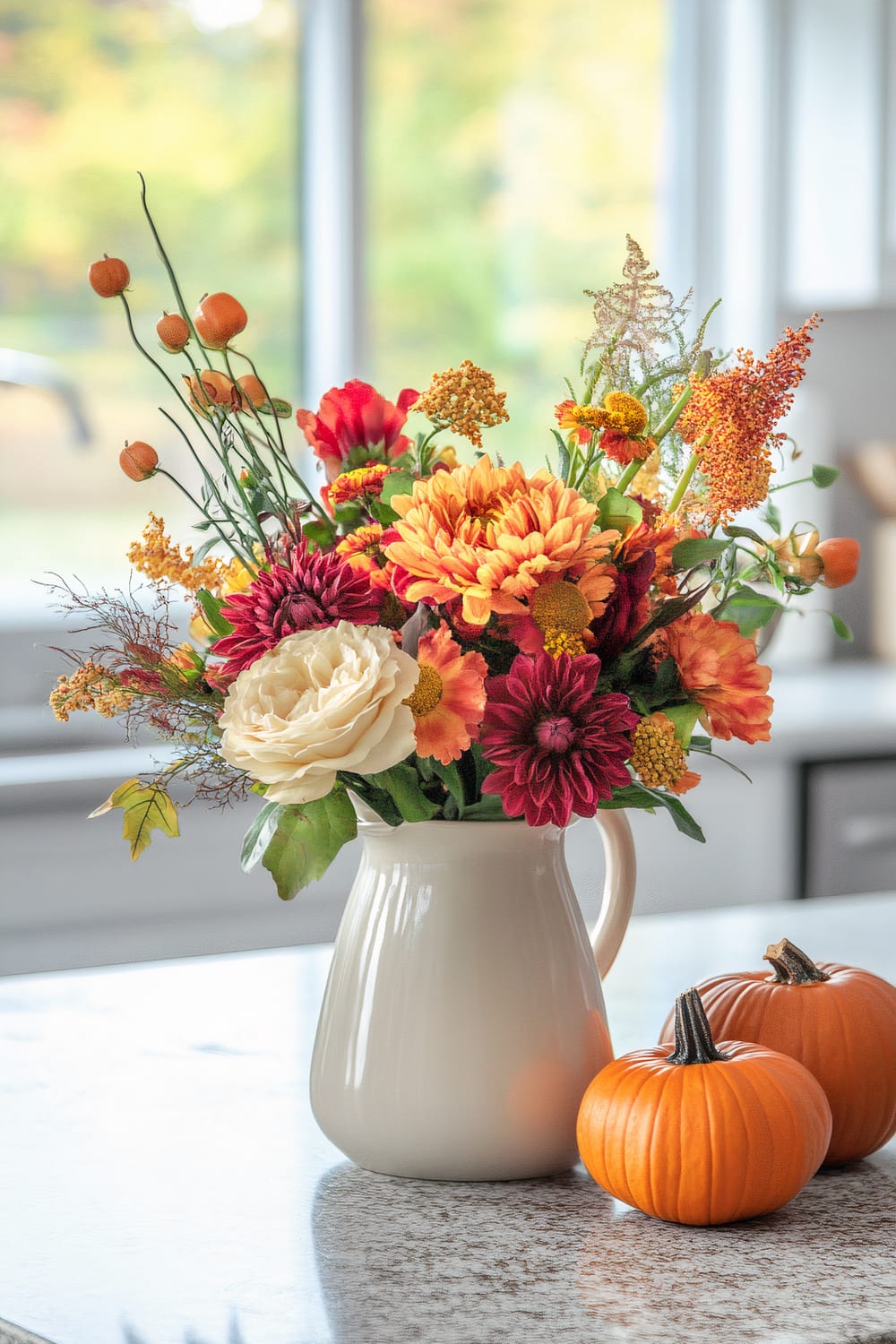 A bouquet of vibrant autumn flowers arranged in a white ceramic jug sitting on a marble countertop. The flowers include a mix of orange, red, yellow, and cream blooms with green foliage and orange berries. Next to the jug are two small orange pumpkins. The background features a blurred window view showing green and yellow hues, hinting at an outdoor scene bathed in natural light.