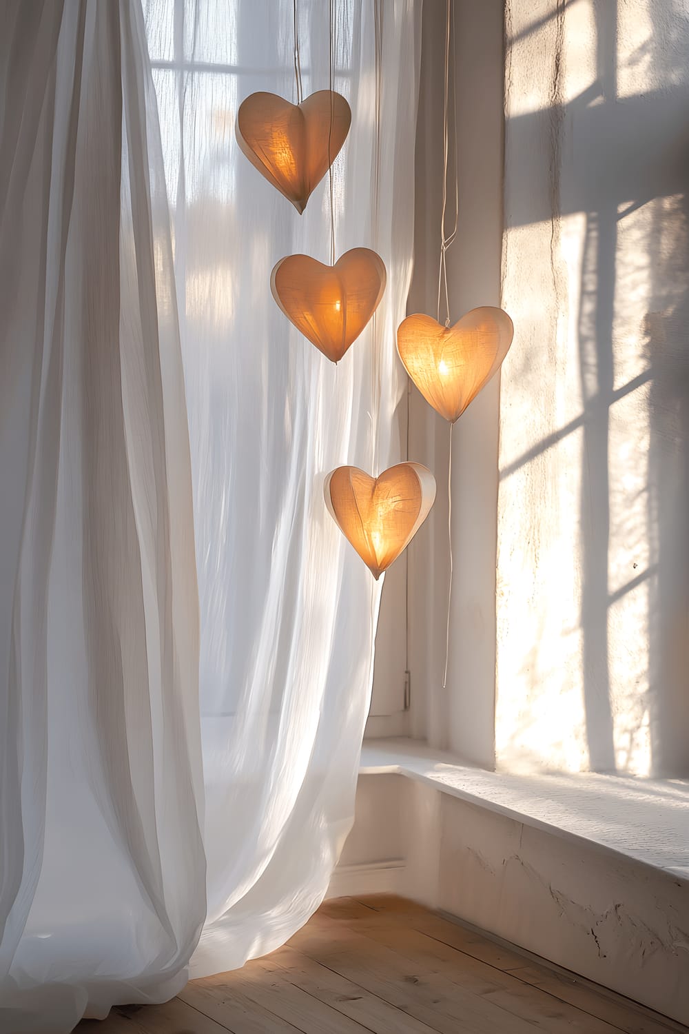 A window draped with flowing sheer white curtains and adorned with heart-shaped lanterns in shades of matte gold and soft pink that cast heart-shaped shadows on the walls and floors. The lanterns are both suspended near the top of the window frame and placed on the windowsill, emitting a warm glow.