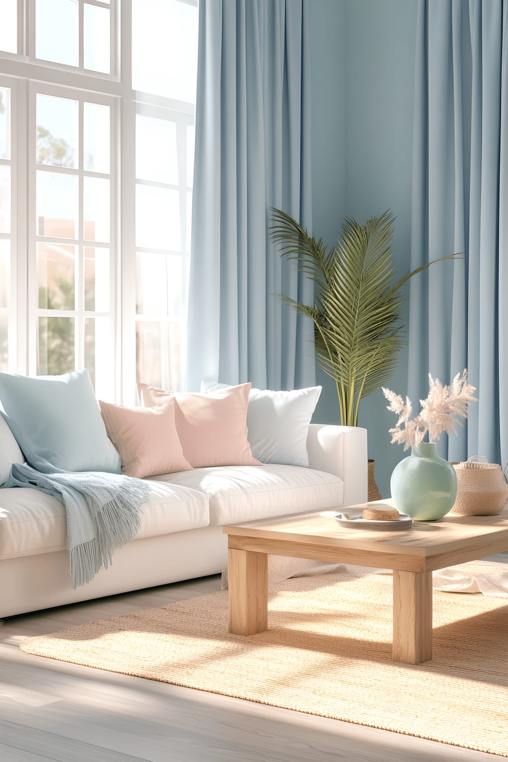 A peaceful coastal living room exhibiting soft sky blue walls and a light wood floor. The room features a plush white sofa adorned with pastel coral and mint green cushions, a matching light wooden coffee table hosting a pastel aqua vase. A pastel yellow area rug harmonizing with the decor underneath. The light in the room is filtered by the large windows lined with light blue curtains, illuminating the serene pastel palette. To the side, there's an uncluttered pastel pink plant adding a refreshing touch to the minimalist setting.