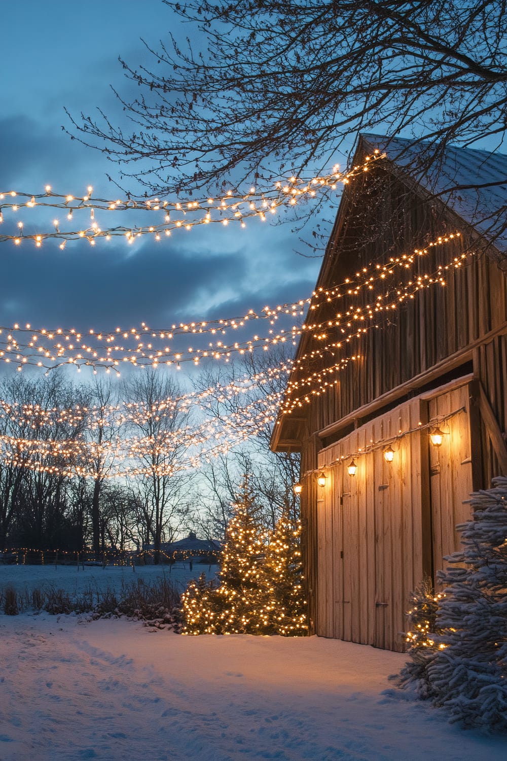 A rustic barn decorated with traditional Christmas lights is seen under a clear, cold blue winter sky. The ground is lightly dusted with snow, and several evergreen trees near the barn are also adorned with lights. The barn's facade features a series of draped illuminating strands, contributing to a festive ambiance. Bare trees in the background complement the wintry scene.