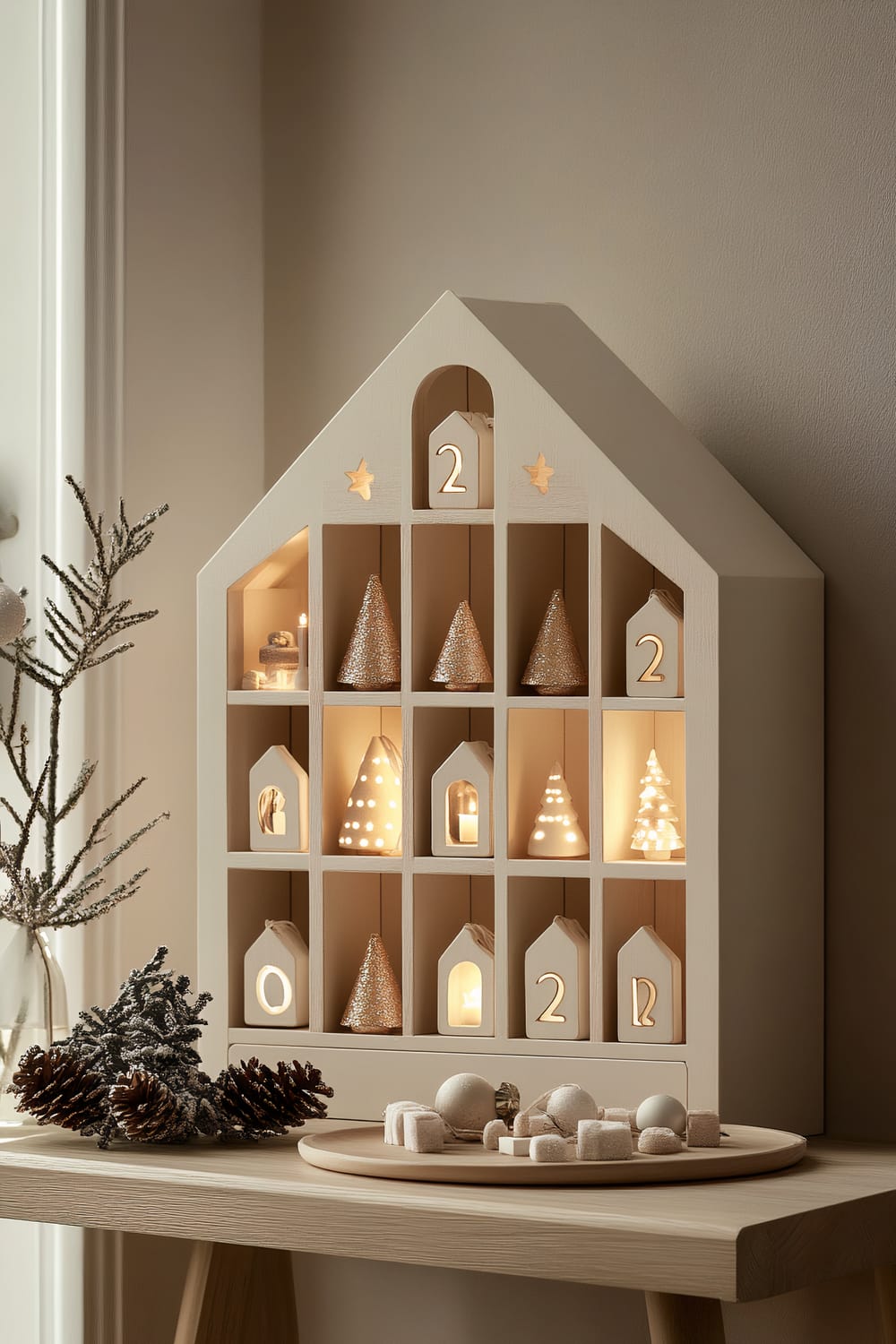 A traditional advent calendar styled like a small house, featuring white and cream-numbered doors, each revealing minimalist decorations like small houses and trees inside, showcased on a wooden table with a plate of decorative objects and pine cones beside it.