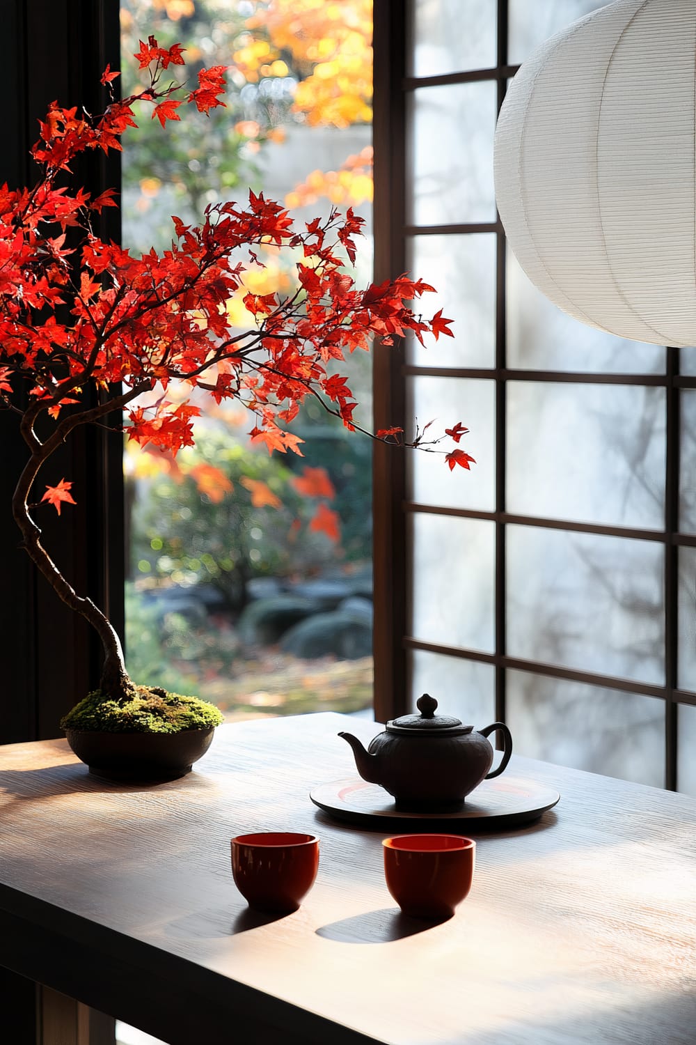 A traditional Japanese setting with a bonsai tree featuring vibrant red leaves on a wooden table. Next to the bonsai is a black teapot with two red teacups. Behind the table is a window with shoji screens, through which autumn foliage is visible.