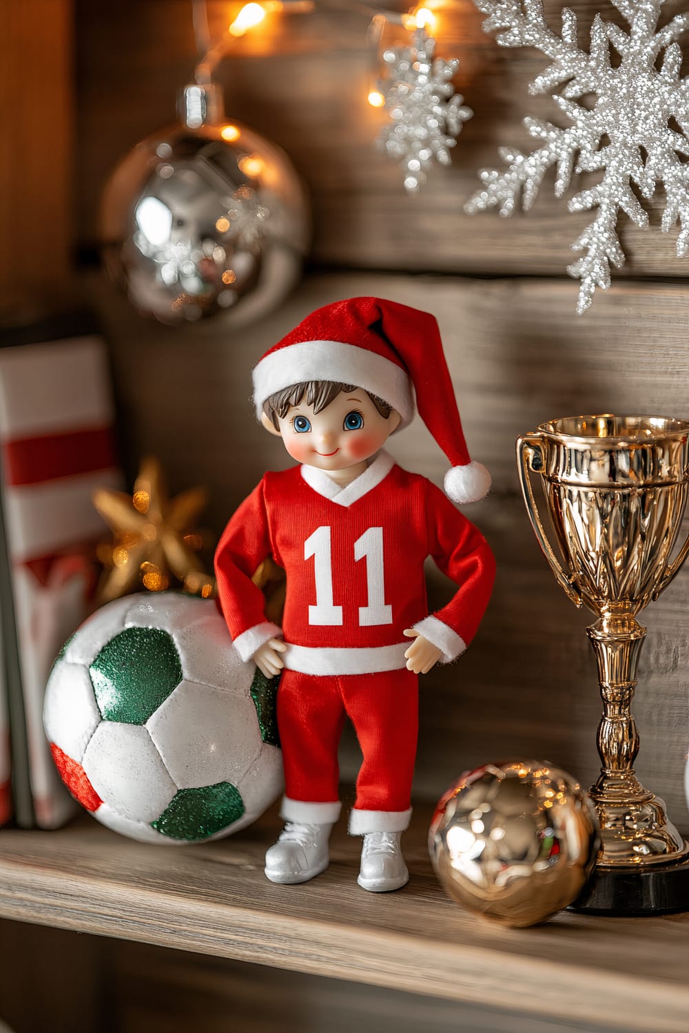 An Elf on the Shelf dressed in a red and white sports jersey with the number 11, standing on a shelf with a white and green soccer ball and a gold trophy. The scene is decorated with silver snowflakes and other festive ornaments, and is illuminated by warm, soft lighting.