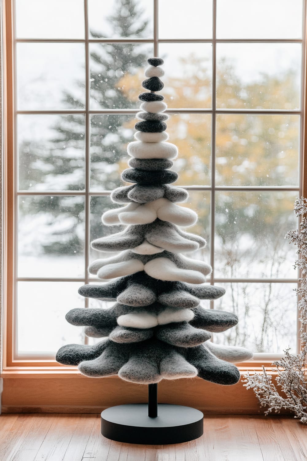 A minimalist Christmas tree made from hand-felted wool in shades of muted gray and white is displayed on a sleek black stand. The tree is positioned in front of a large window with a snowy outdoor scene in the background. The soft diffused light enhances the simple and serene aesthetic of the tree.