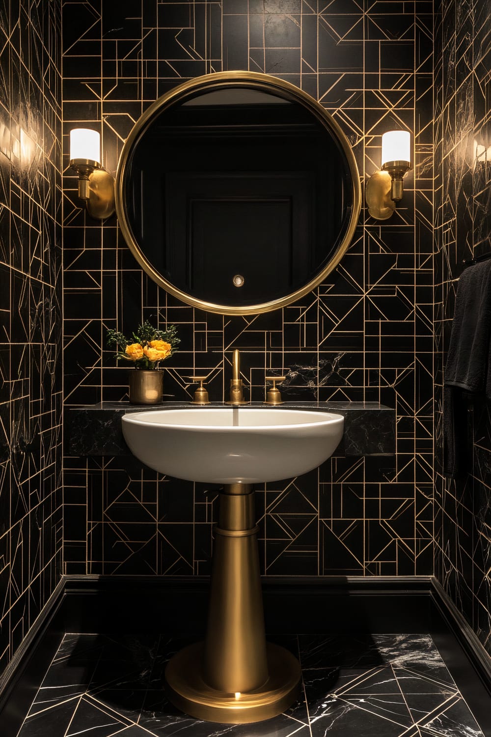 The image shows a contemporary bathroom with a striking black and gold geometrical theme. The walls and floor are covered in black tiles with thin, gold geometric lines creating a sophisticated pattern. A round mirror with a gold frame hangs above a white pedestal sink with gold fixtures, adding to the luxurious aesthetic. On either side of the mirror, there are elegant gold wall sconces with white shades, providing balanced illumination. A small gold planter with yellow flowers is placed on the black marble shelf above the sink, adding a touch of color and greenery.