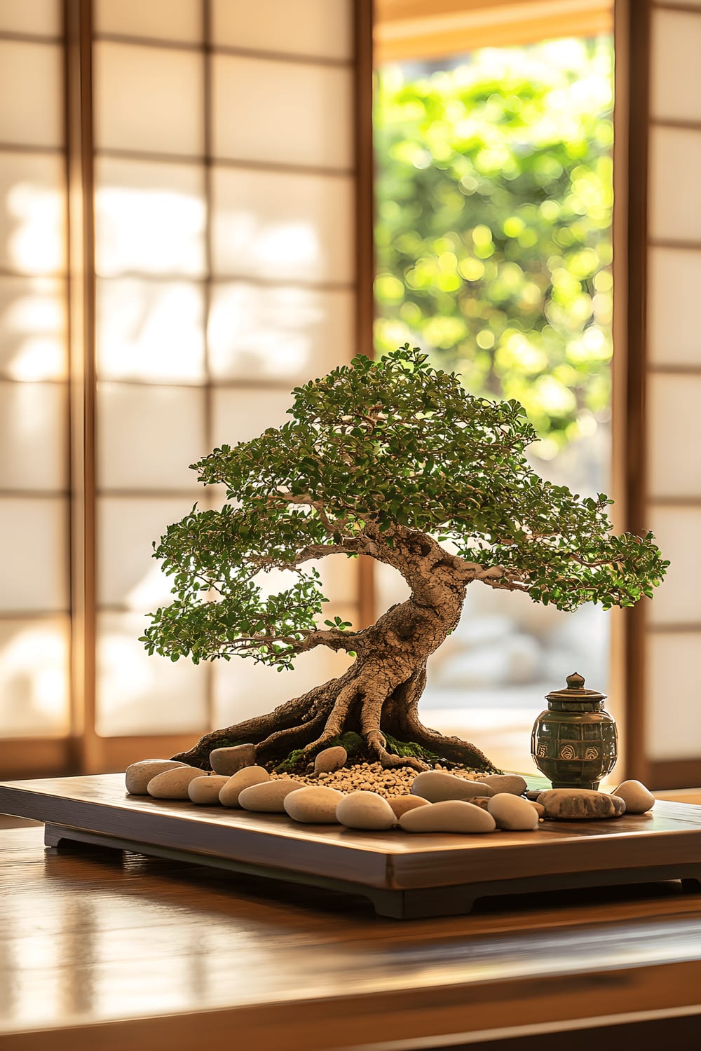 A meticulously pruned bonsai tree forms a serene centerpiece on a low wooden table. It's nestled among smooth river pebbles and small ceramic lanterns, inviting tranquility into the space. In the background, traditional tatami mats lie underfoot, and the sliding shoji doors filter soft, natural light that fills the room.