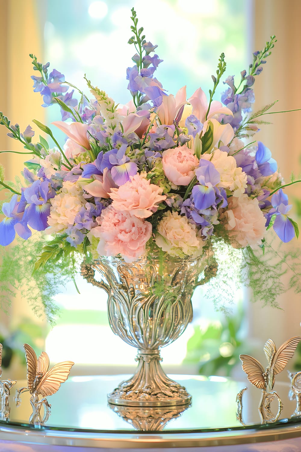 An Art Nouveau-inspired centerpiece featuring a large metal vase with swirling designs and filled with peonies, irises, and ferns. The vase is surrounded by small metal sculptures of insects like butterflies and dragonflies on a mirrored base which reflects the soft lighting used to illuminate the scene. The arrangement is contrasted against a soft pastel-colored kitchen tablecloth.