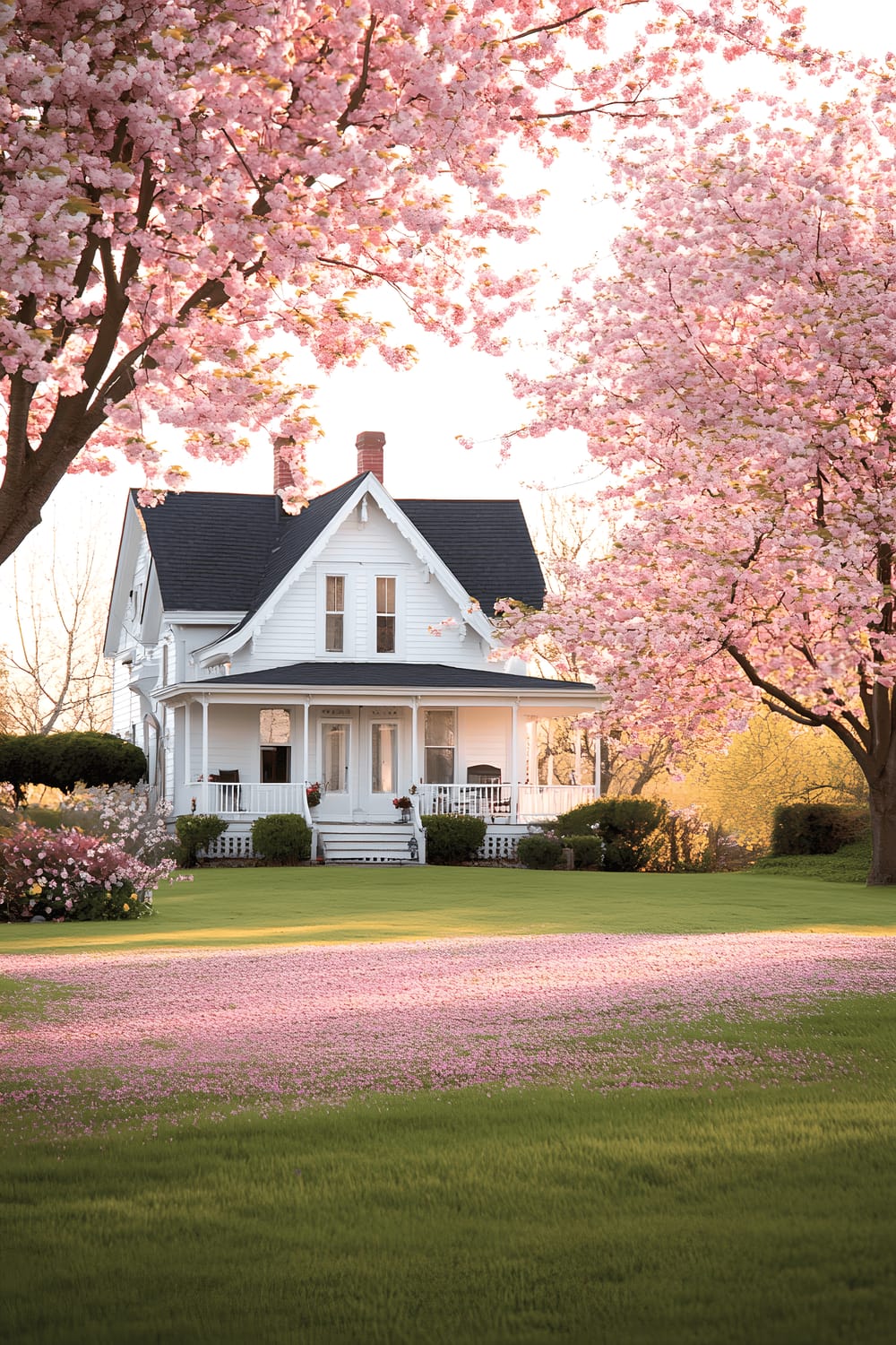 The image showcases a magnificent front yard of a white farmhouse bathed in golden morning light. Two large cherry blossom trees, in full bloom, with their pink petals covering the lush green lawn, dominate the scene. The yard is enveloped in an almost ethereal glow from the morning sun.