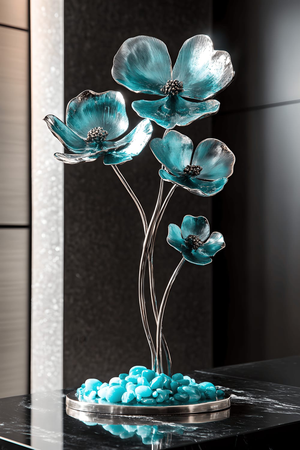 A dramatic dining room scene featuring a modern floral sculpture centerpiece made of pewter and turquoise glass petals standing on a sleek black marble table. Scattered teal pebbles surround the sculpture which is highlighted by dynamic spotlighting. The backdrop is minimalist with dark walls and subtle metallic accents.