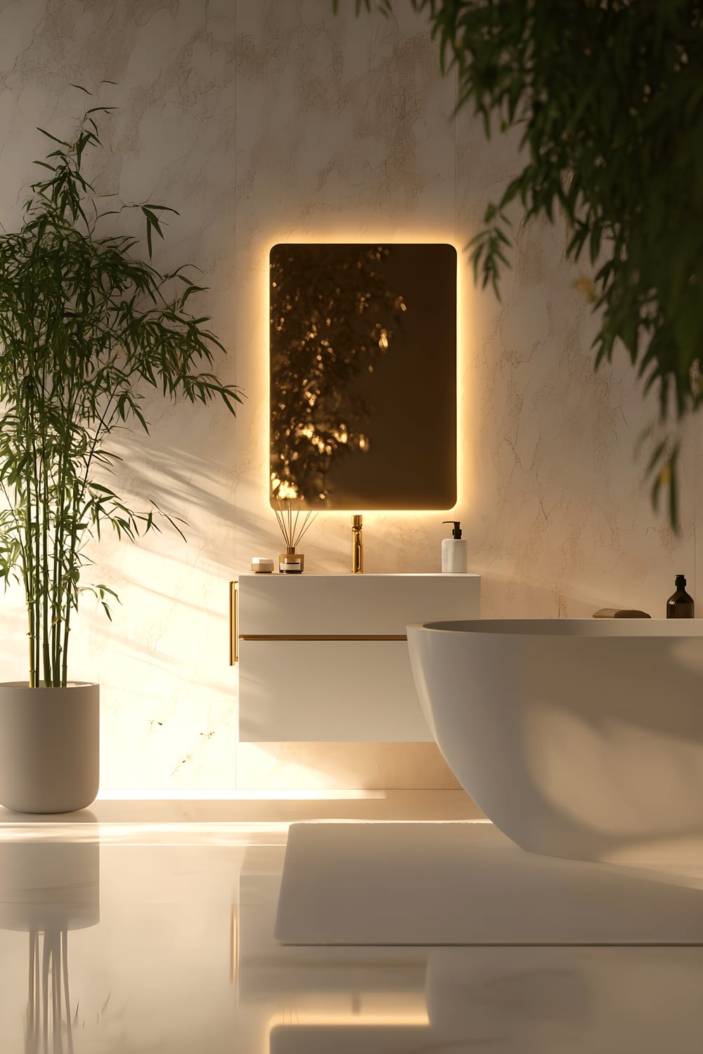 A luxurious bathroom in Milan decorated with white marble walls, floor to ceiling, and featuring a sleek freestanding bathtub. It contains a floating white vanity with gold fixtures and a large, backlit mirror providing a soft glow from above. The room is uncluttered and pristine, with a single green bamboo plant standing in a corner aqua pot for a touch of nature. The ambient lighting highlights the clean and minimal design.