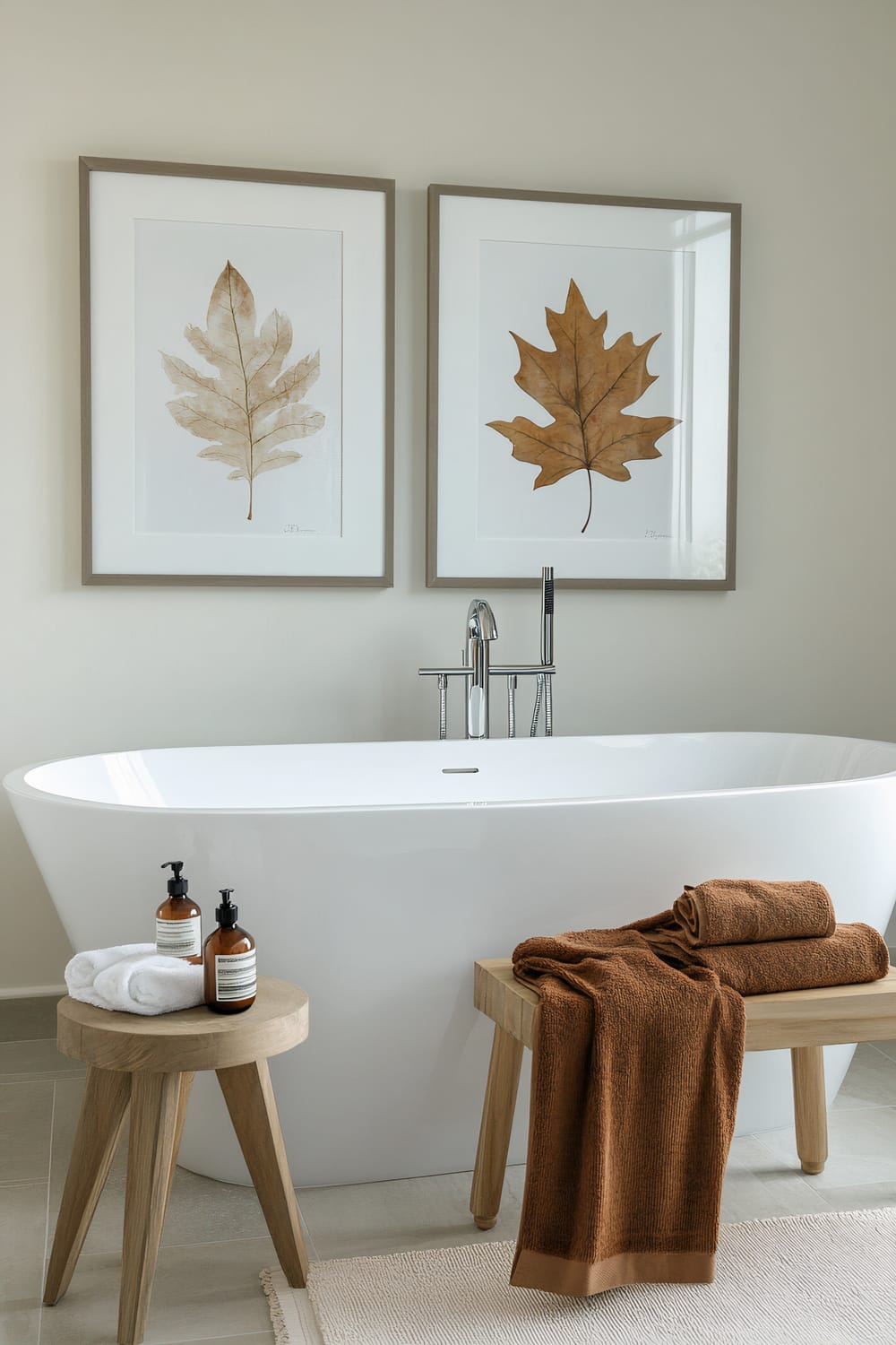 A modern bathroom features a sleek, freestanding white bathtub with a chrome faucet. On the left, a small wooden stool holds two rolled white towels and bottles of lotion or soap. On the right, a wooden bench displays neatly folded brown towels, with one draped over the edge. Above the bathtub, two framed botanical prints of dried leaves add a natural touch to the light-colored walls.