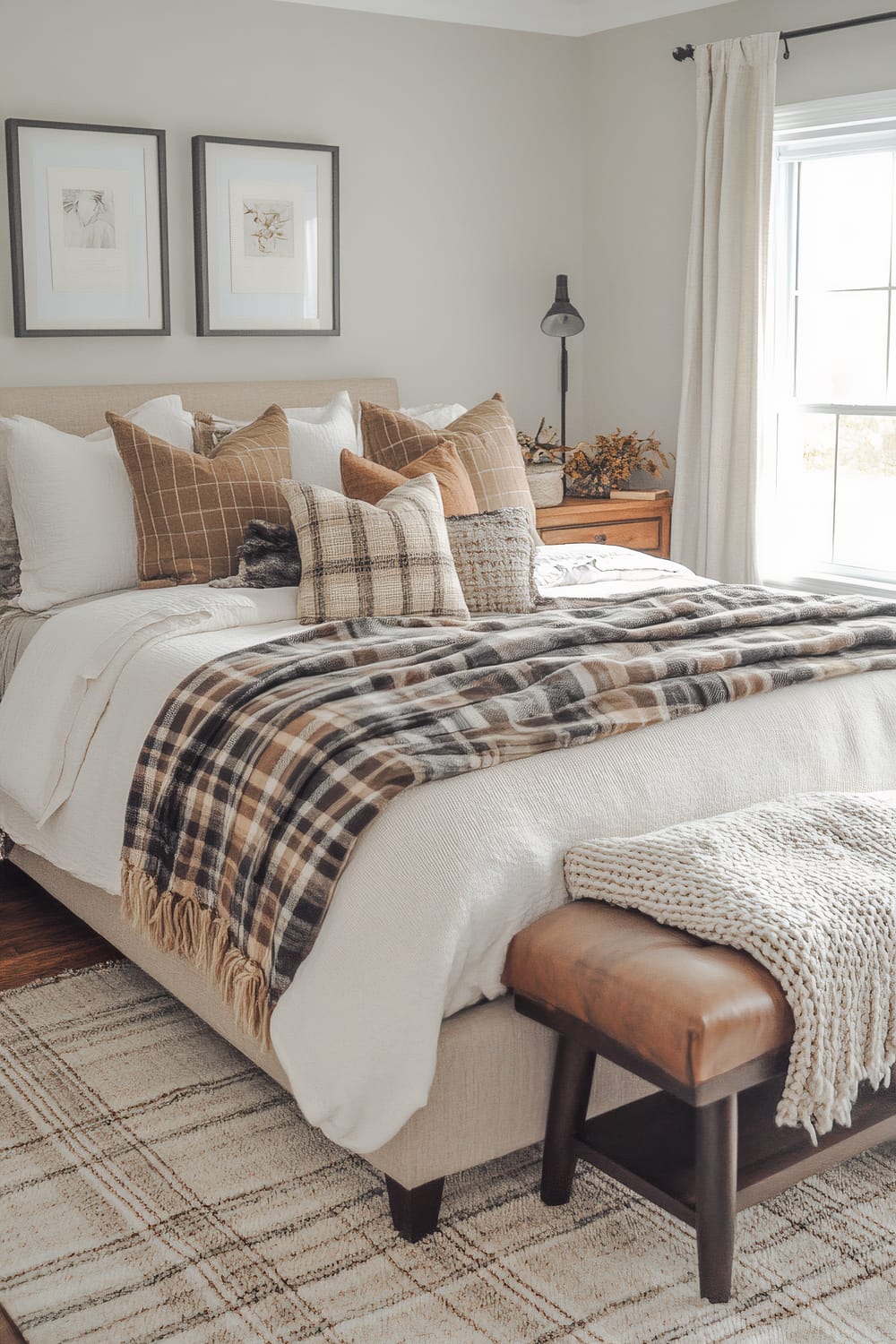 A warmly styled bedroom featuring a comfortable bed adorned with a mix of brown, gray, and white plaid pillows, and a matching plaid throw blanket. At the foot of the bed is a rustic leather bench with a chunky knit blanket draped over it. The room includes natural wood furniture, and the walls are painted in a soft, neutral tone. Two framed artworks hang above the bed, and a window to the right lets in ample natural light through light-colored curtains. A small wooden nightstand by the window is topped with a black bedside lamp and decorative items.