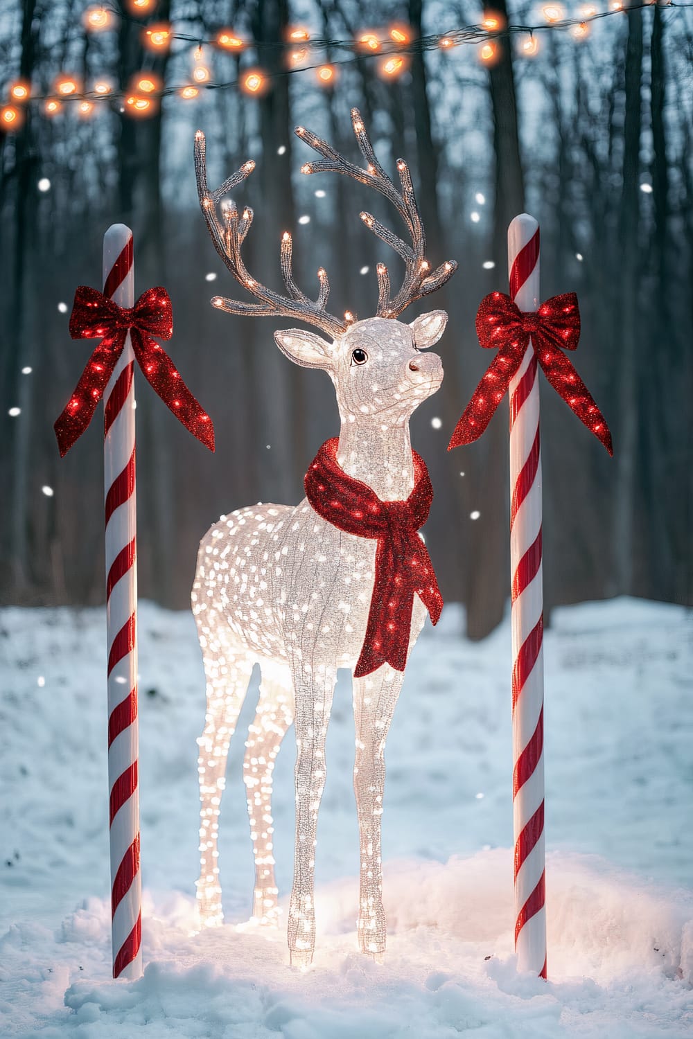 A whimsical outdoor Christmas scene with a glowing white reindeer figure wrapped in a vibrant red scarf, standing in the snow. The reindeer is flanked by two candy cane poles adorned with red glittering bows and sparkling string lights. Warm globe lights drape gently overhead, illuminating the snowy landscape against a backdrop of trees.