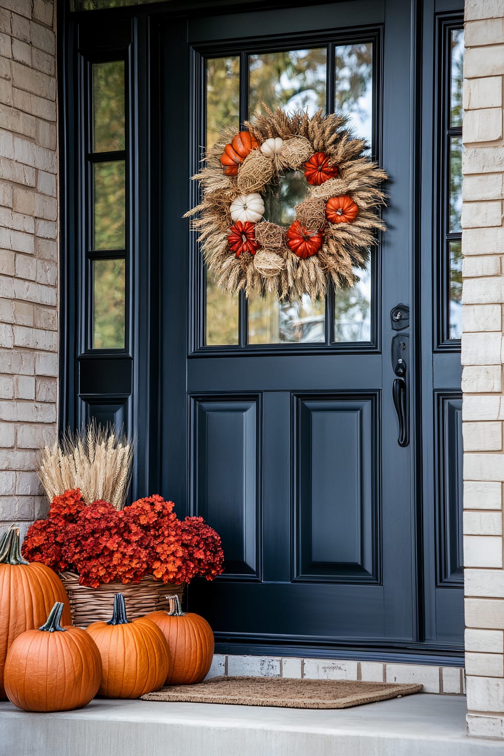 The image shows a front porch decorated for autumn. The focal point is a deep blue door with large glass panes. Hanging on the door is a wreath made of wheat, small orange and white pumpkins, and decorative rattan balls. Below the wreath, on the porch, there is a woven basket filled with deep red mums and stalks. Beside it are four pumpkins in various sizes, strategically placed on the ground, adding to the seasonal ambiance.