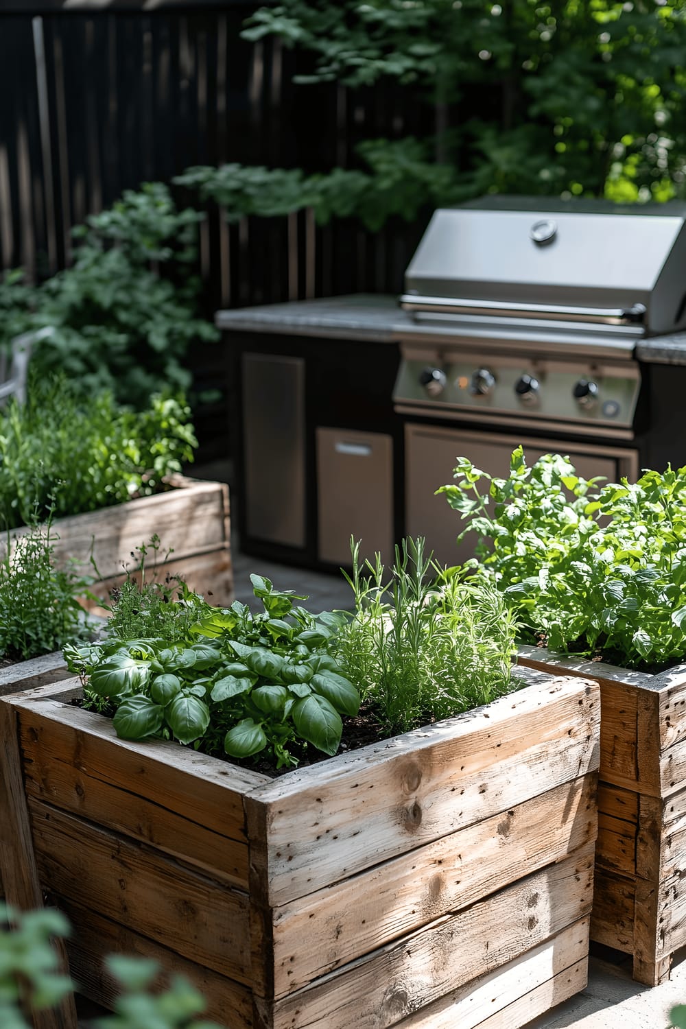 A well-illuminated outdoor patio showing rich green herbs like basil, rosemary, and mint growing in recycled wooden planter boxes. A compact outdoor kitchen equipped with a stainless steel grill and granite countertops is in the backdrop. The scene teems with eco-friendliness and lively plant life.