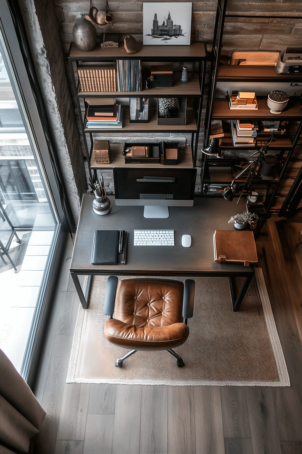 A top-down view of an industrial-inspired home office. The floor is a warm hardwood, holding a sleek metal desk on its center, a vintage leather chair tucked into one side. Open metal shelving is organized neatly with various office supplies including binders, documents, and a headphone. The room is illuminated by natural light pouring in from a window just beyond the frame of the image.