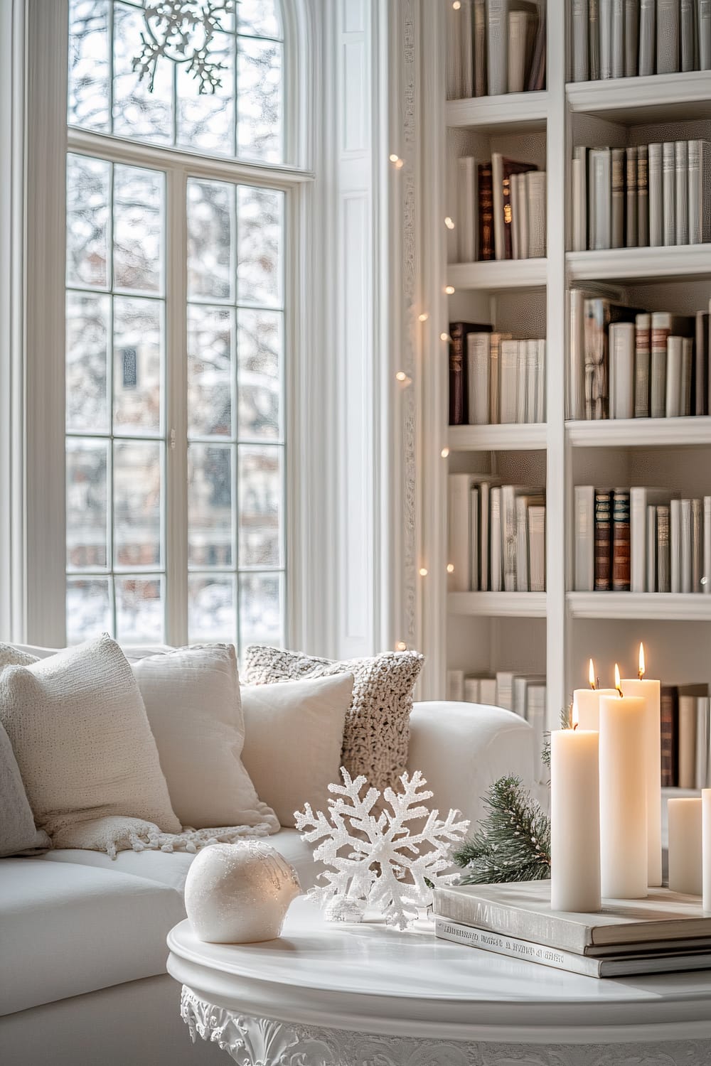 A contemporary library featuring white bookshelves filled with books, with a large arched window in the background allowing natural light to flood in. A white snowflake ornament and white candles are placed on a white reading table. The room includes a white couch with textured throw pillows and blankets, adding to the elegant and festive ambiance.