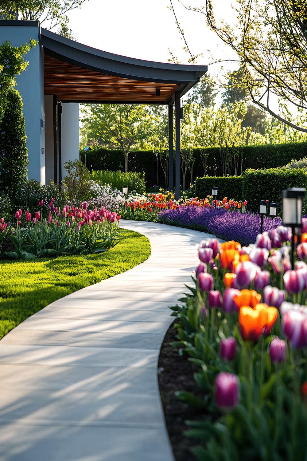 A modern garden entrance showcasing a curvy stone pathway leading towards a stylish modern home, surrounded by vibrant, multi-colored flower beds of tulips, lavender, and ornamental grasses, and adorned with minimalist solar lanterns placed intermittently. The scene is flanked by lush, verdant hedges on either side, an overhead pergola with climbing jasmine, and captured in the warm, enchanting light of the golden hour, casting long shadows and emphasizing the peaceful and inviting ambiance.