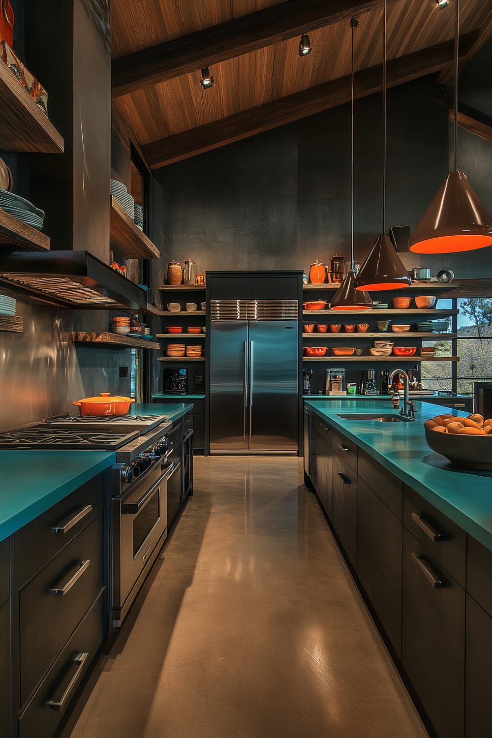 A modern farmhouse kitchen featuring dark slate cabinets, bright turquoise countertops, and stainless steel appliances. The kitchen has large statement pendant lights, exposed wooden beams, concrete floors, and open shelving displaying colorful ceramic dishes and unique kitchenware.