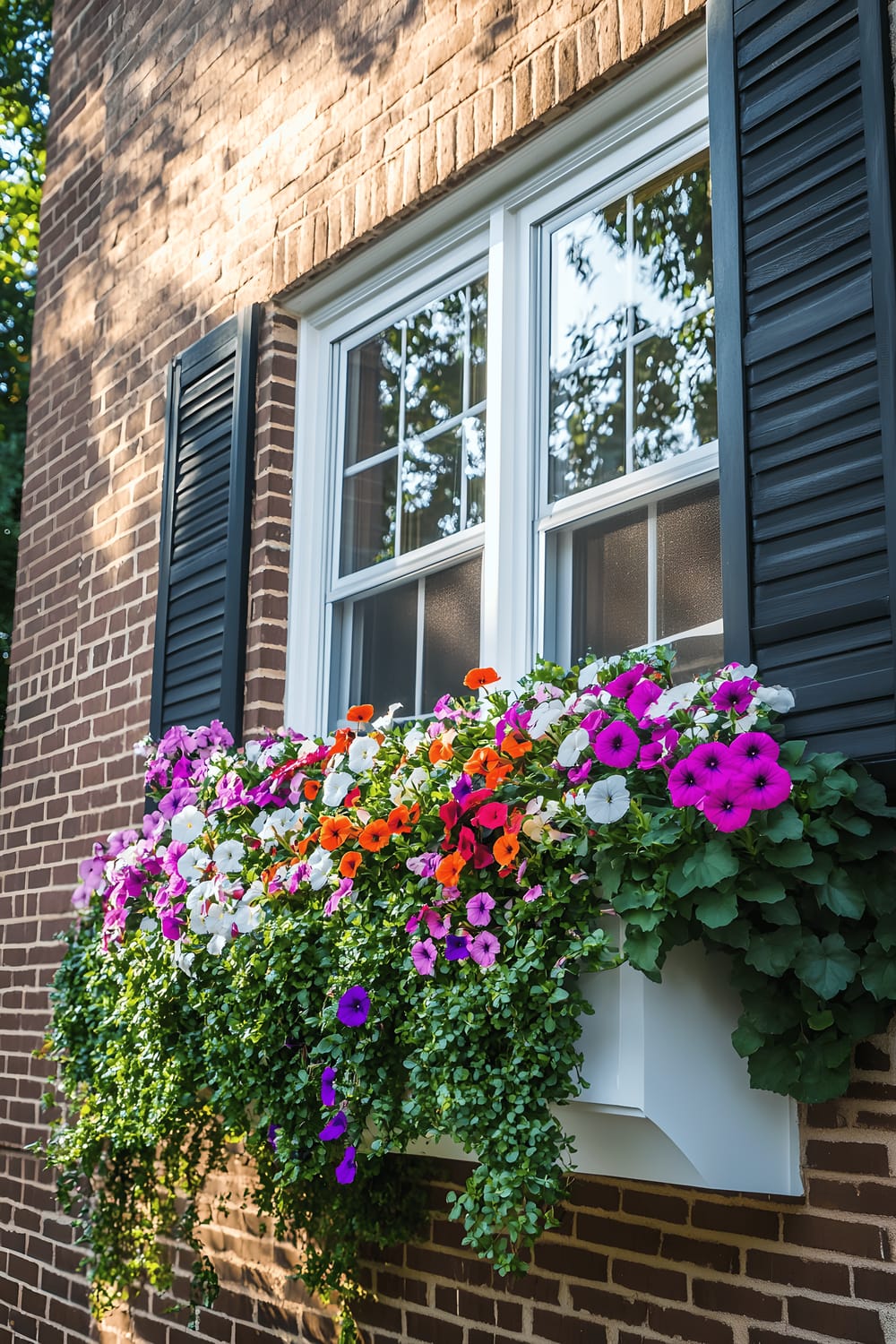 A picturesque window box on a sunny day, mounted on a two-story brick house, overflowing with vibrant blossoms of pansies and petunias alongside trailing ivy.