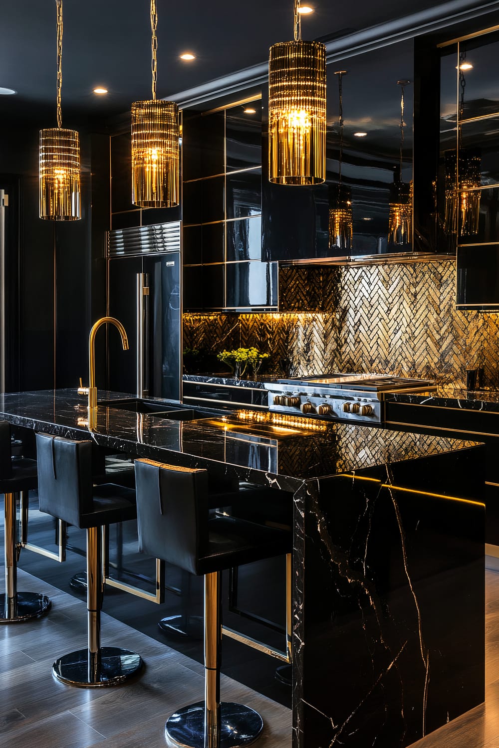 A luxurious kitchen with a sophisticated dark and gold color scheme. The kitchen features glossy black cabinets, a large black marble kitchen island with a gold faucet, and black leather barstools with gold accents. Three elegant pendant lights with gold details hang above the island, illuminating the space. The backsplash is a herringbone pattern of gold tiles, adding texture and brightness to the predominantly dark setting.