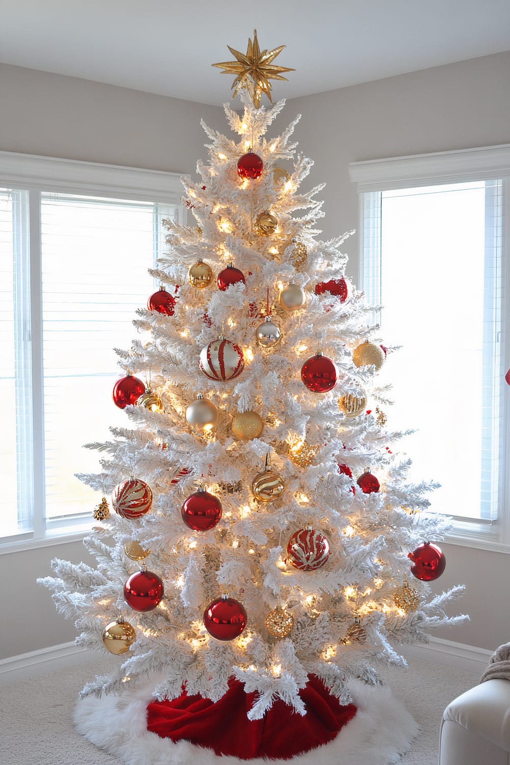 A tall, white artificial Christmas tree adorned with various red, gold, and white ornaments, including shiny and matte baubles, and stripes. The tree is lit with warm white lights and topped with a golden star. A red and white faux fur tree skirt is wrapped around the base. The tree is situated in a bright room with large windows and white walls, allowing natural light to flood the space.