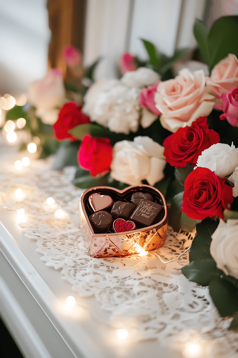 A cream-colored mantel elegantly dressed with a delicate white lace runner. At the center is a heart-shaped rose gold box of assorted chocolates. The box is surrounded by dainty white fairy lights entwined with miniature red and pink roses, softly glowing to form a romantic display.