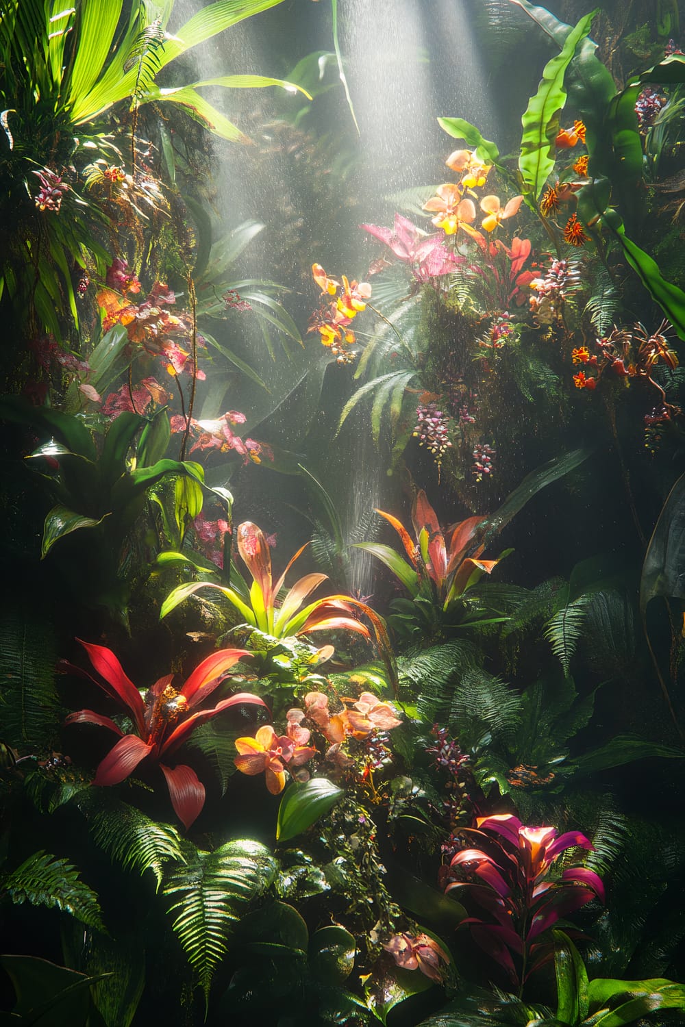 A lush tropical garden with various vibrant flowers and plants, including red, pink, and orange blooms, illuminated by natural sunlight filtering through the dense foliage.