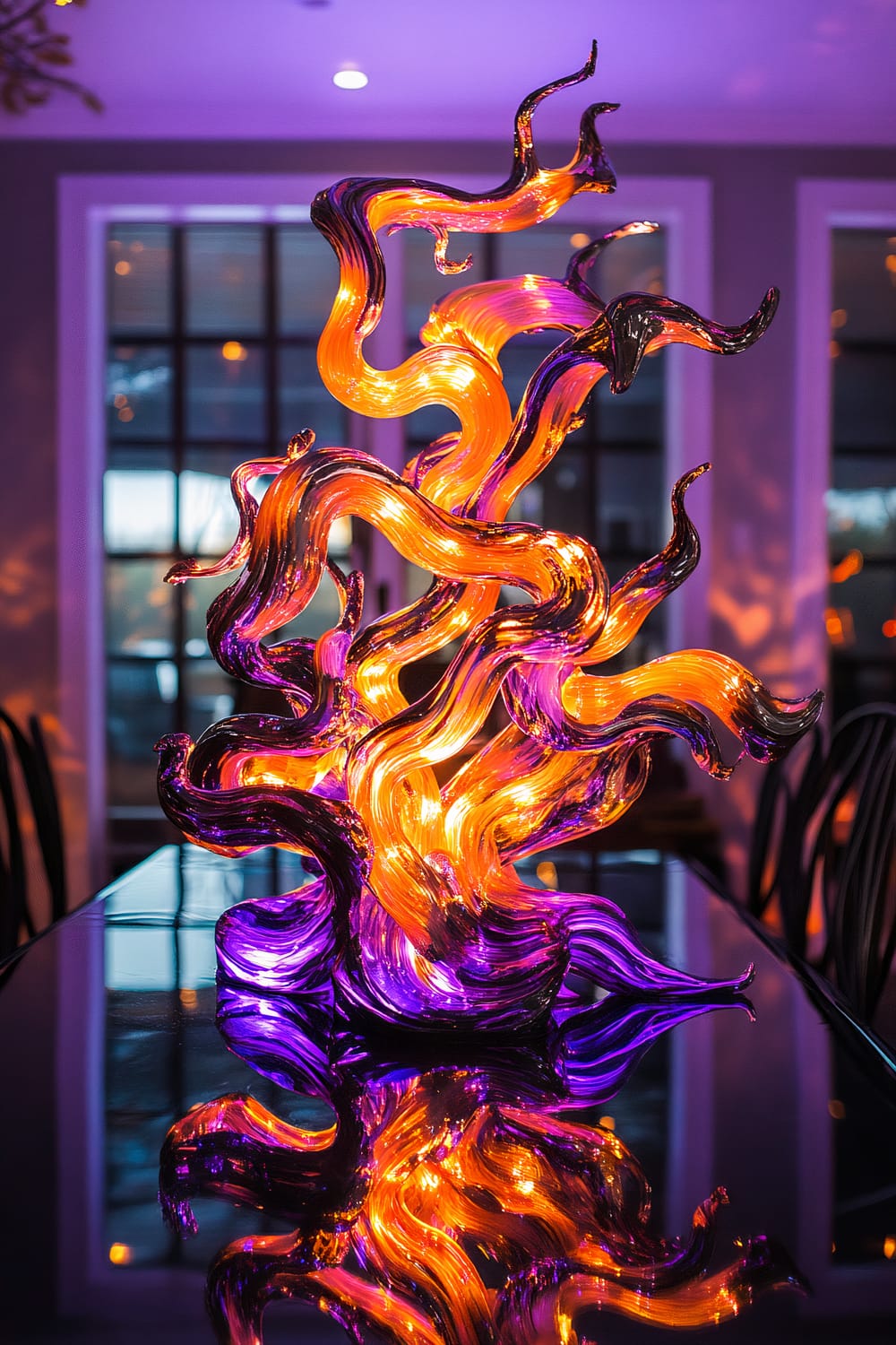 A dramatic Halloween centerpiece displayed on a black mirror base, featuring a vibrant sculpture illuminated by orange and purple LED lights. The sculpture has fluid, intertwined shapes with a metallic sheen, and the lights create an enchanting glow.