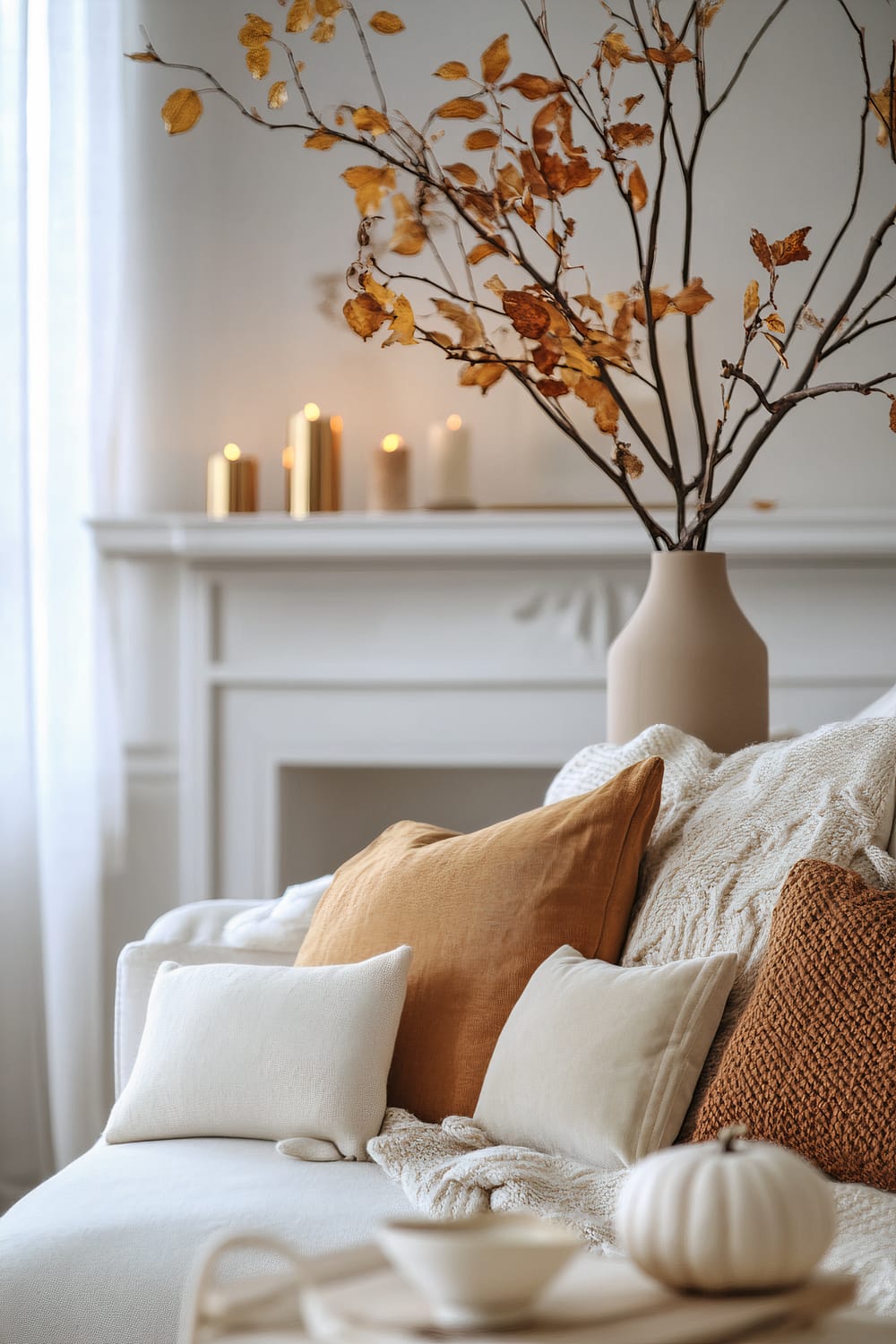 An interior space featuring a white mantel adorned with lit candles of varying heights. In front of the mantel is a vase with branched twigs bearing orange autumn leaves. The foreground showcases a white sofa filled with various decorative pillows in shades of white, beige, and burnt orange, accompanied by a cream-colored knit throw blanket. On the side table, there is a small white pumpkin and a wooden tray with a bowl.