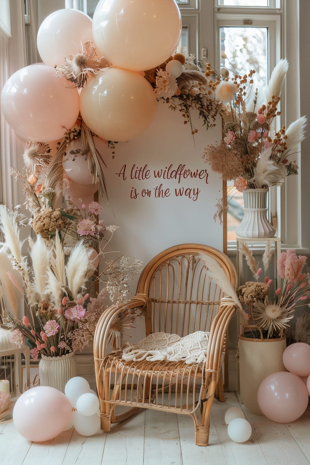 An intricately designed room features a wicker chair with a crocheted blanket draped over it. Surrounding the chair are arrangements of dried flowers and pampas grass in soft, neutral tones, along with clusters of pastel pink and white balloons. A sign on the wall reads "A little wildflower is on the way," adding a personal and celebratory touch to the room.