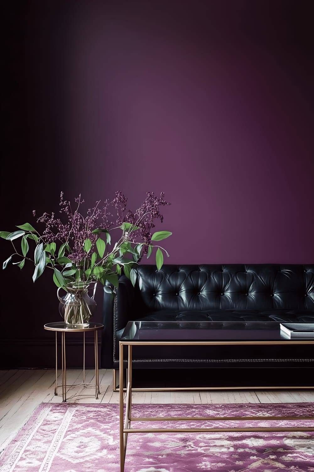 A minimalist living room with dark purple walls contrasting a gold-framed glass coffee table and a sleek black leather sofa. On one side of the room, a unique and exotic Pitcher Plant is showcased on its individual stand. The room is illuminated with strategic lighting directed at key areas, which creates dramatic contrasts and accents the dark theme with bright highlights.