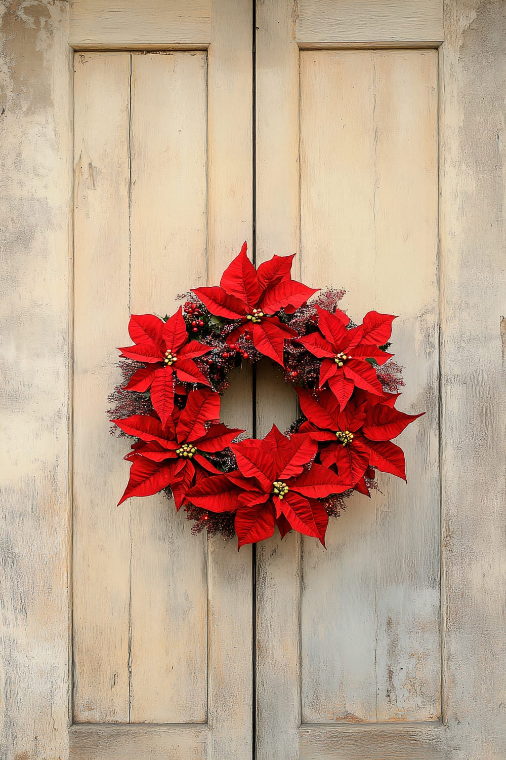 A single poinsettia wreath with bright red petals and small golden accents hangs on a minimalist, beige, weathered door with a notable texture. The dramatic side lighting highlights the vibrant crimson color of the wreath against the muted, rustic background.