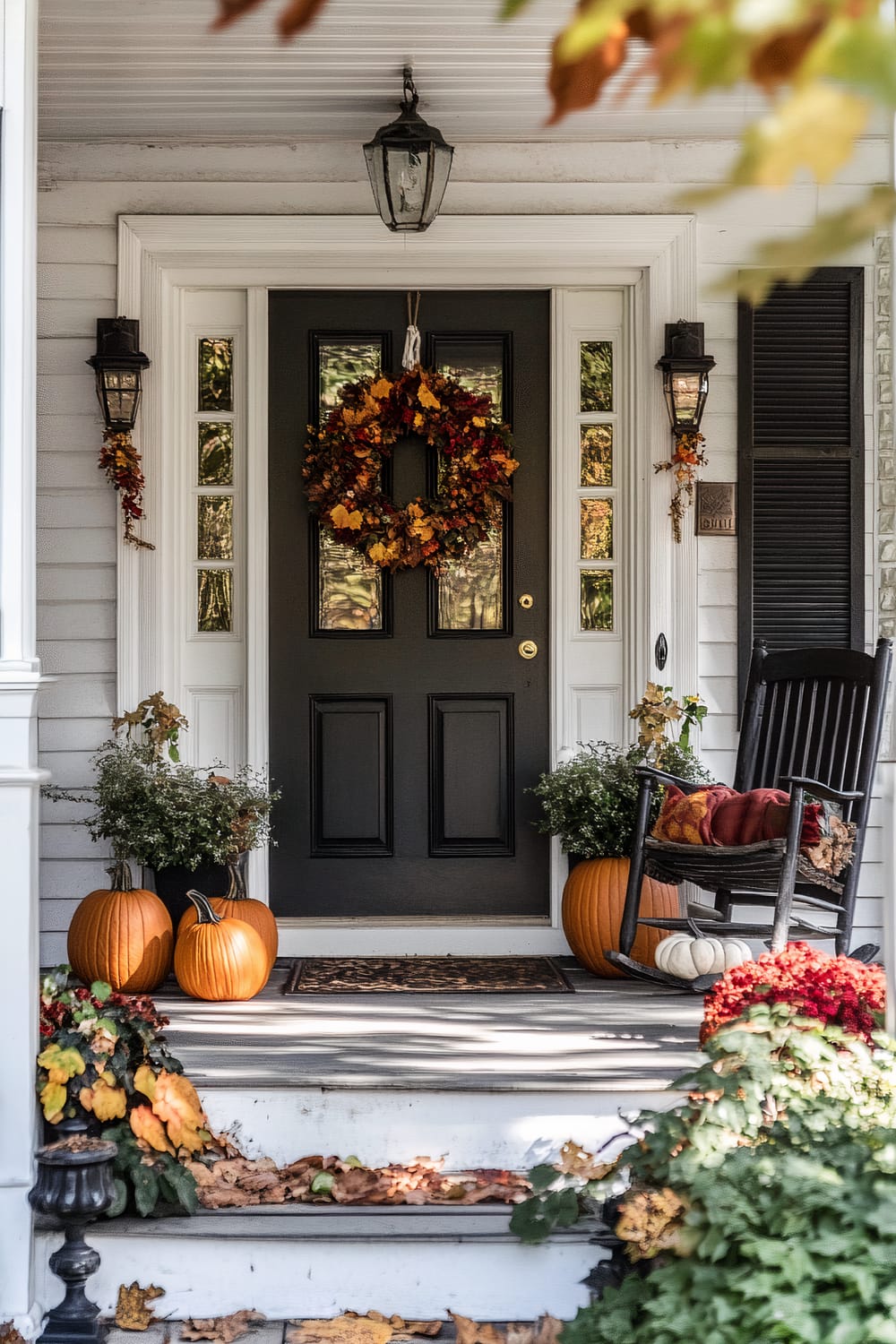 A charming front porch decorated for fall. The black front door, adorned with a colorful autumn wreath, is framed by white sidelights. On either side of the door, pumpkins and potted plants add seasonal decor. To the right, a black rocking chair sits with cushions and a pumpkin underneath. The porch steps are surrounded by autumn leaves and vibrant seasonal flowers.