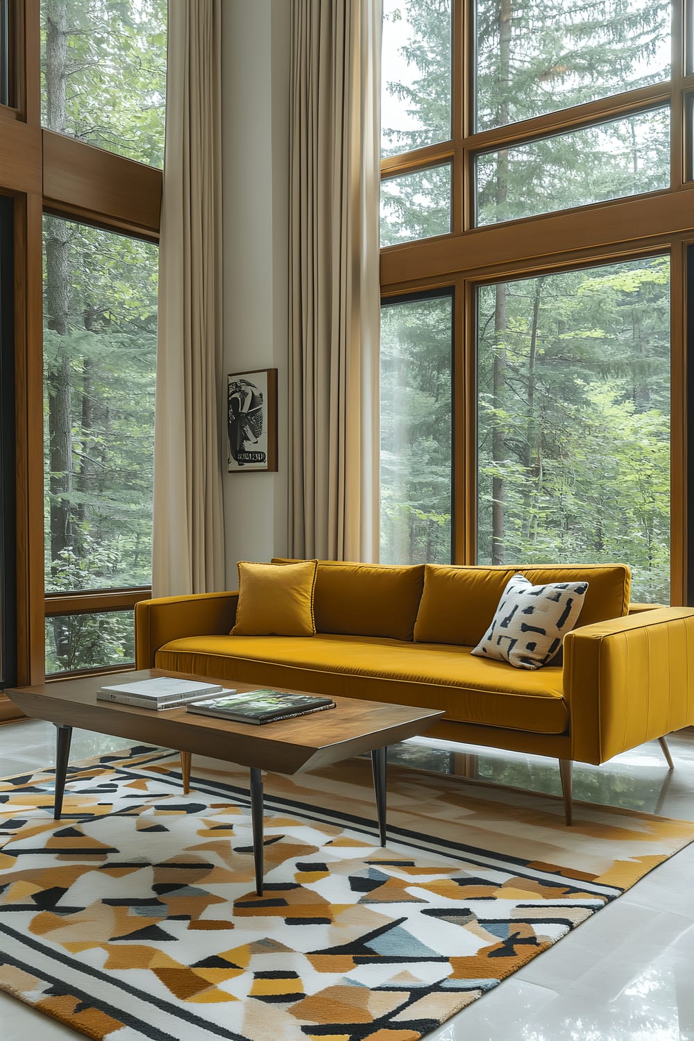 A mid-century modern living room featuring a mustard yellow velvet sofa, a sleek teak coffee table with metal legs, and a rug with a geometric pattern. The room is well-lit, courtesy of the large windows draped with simple curtains. Vibrant and uncluttered, the room displays an elegant fusion of colors, clean lines, and light.