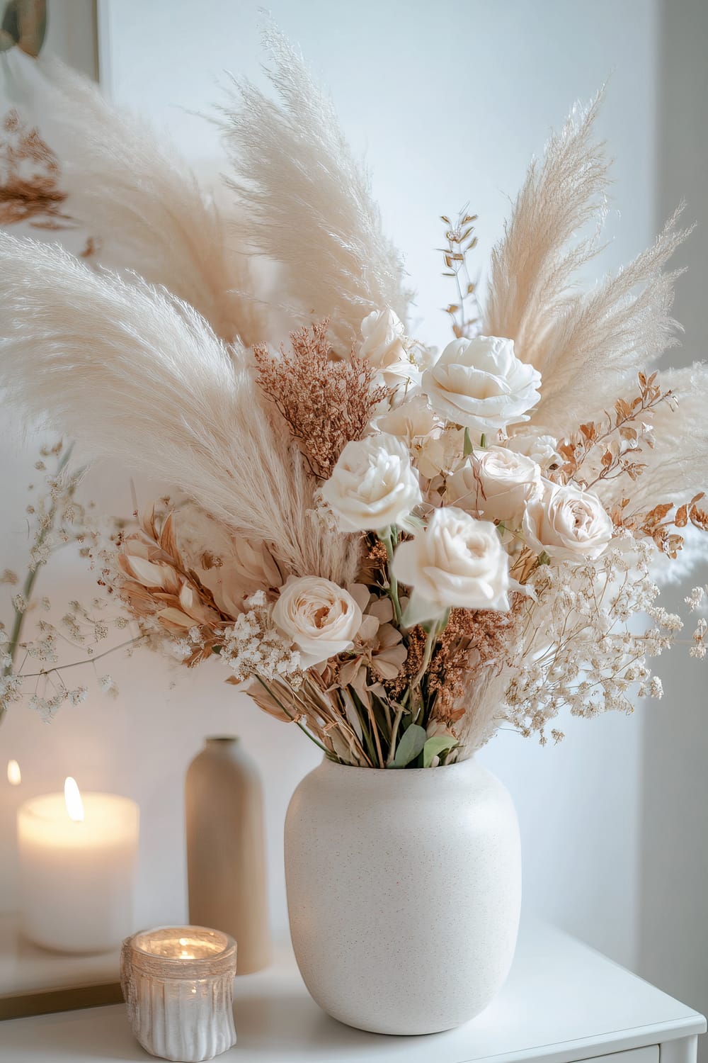 A decorative arrangement of dried and fresh flowers in a speckled white vase. The bouquet includes delicate white roses, tall feathery pampas grass, and various other dried botanicals. The vase is set on a white surface, accompanied by lit white candles and a beige ceramic bottle in the background. The scene is lit by soft natural light, creating a serene and elegant aesthetic.