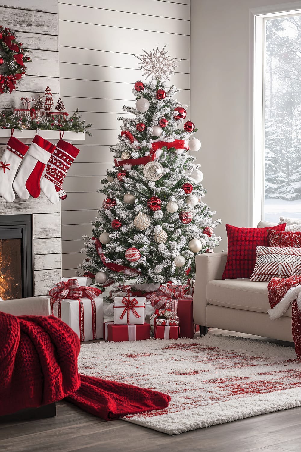 A cozy living room decorated for Christmas with a red and white theme. A Christmas tree is adorned with red and white ornaments, candy canes, and warm twinkling lights, with a star-shaped topper. Below the tree are wrapped presents in red and white paper with bows. On the left, a mantel above a fireplace holds snow-white stockings and a garland with red ribbons. Above the mantel is a wreath decorated with red ribbons. The room features a beige couch with red and white patterned pillows and a red throw blanket. A red and white area rug lies in front of the couch and tree.