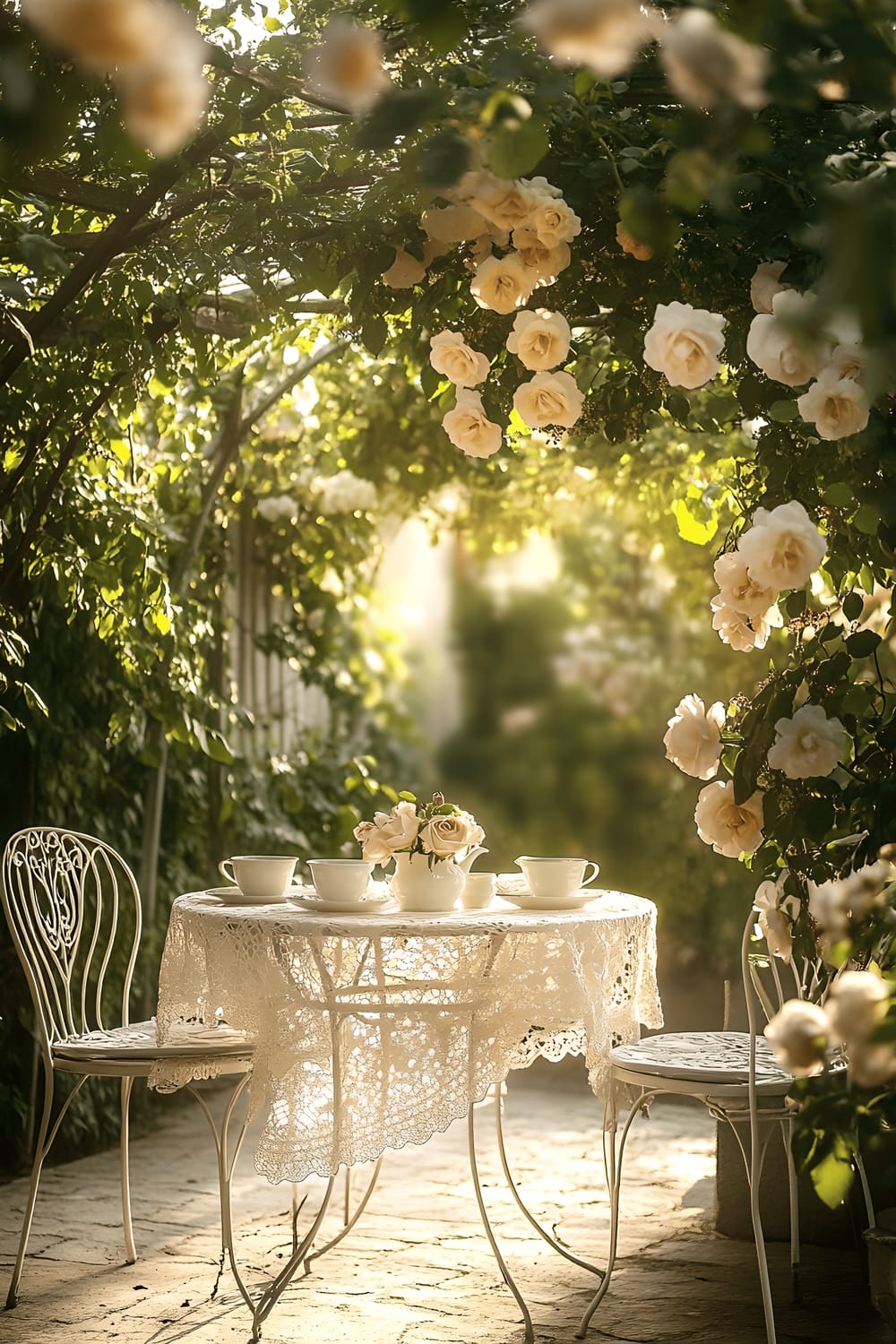 A charming Victorian-style patio captured in warm golden light, featuring a set of white wrought iron furniture - a bistro table and two chairs situated on aged brick flooring. A delicate lace-trimmed tablecloth covers the table, upon which vintage porcelain teacups can be found. Climbing roses are draped over a nearby trellis, and in the background, the muted tones of a canopy of flowering trees add a sense of depth and tranquillity.