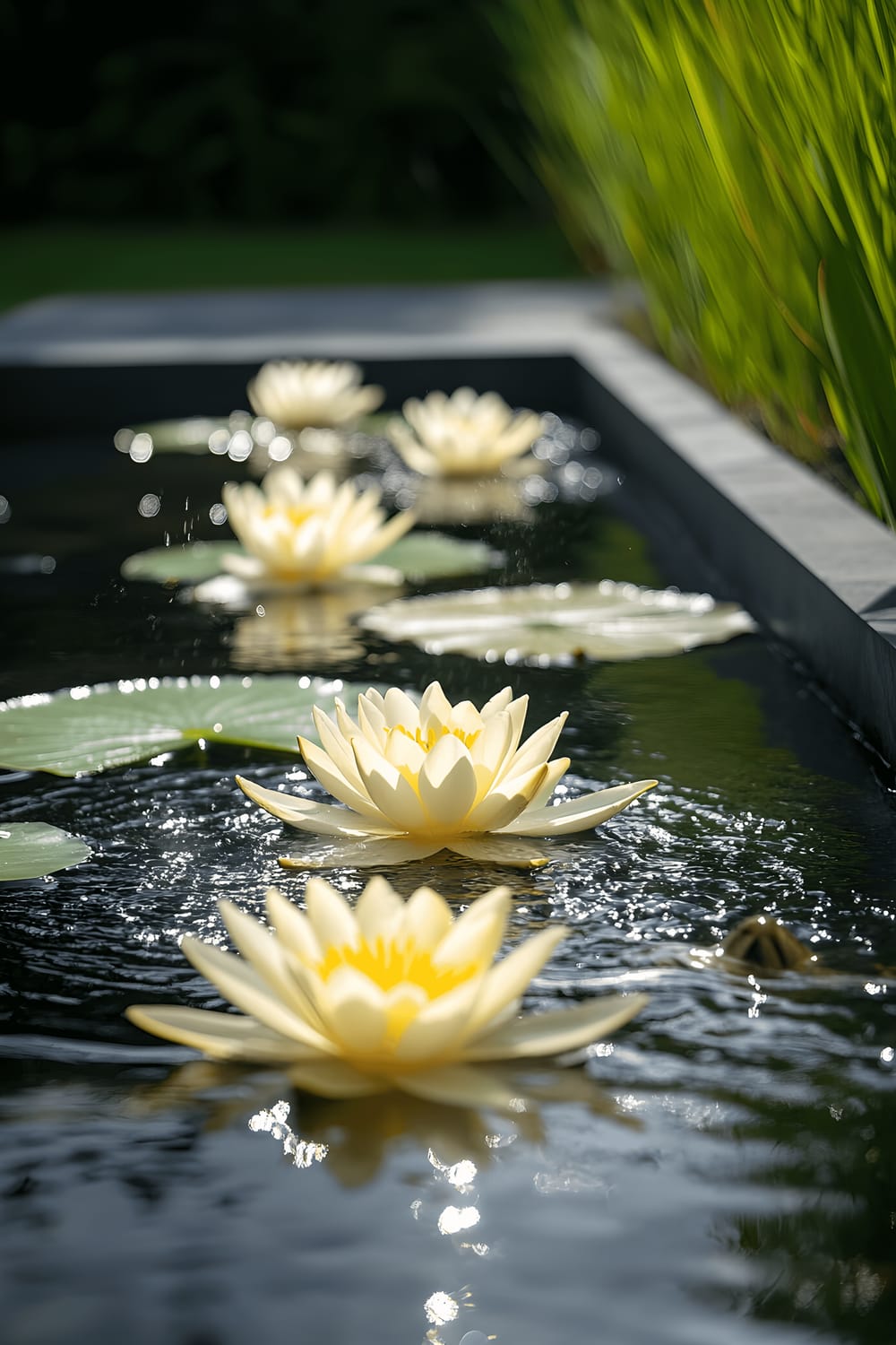 A modern garden scene featuring a square pond with a geometric fountain at its center. The pond, surrounded by black stone tiles and modern outdoor seating, is filled with floating yellow and white water lily flowers. A brown frog is noticeable near the spray of the fountain. The surrounding seating area and planters mimic the pond's minimalist lines, while tall reeds and decorative grasses add height and texture to the area. The sun's energizing rays light the scene, causing the water to sparkle and intensifying the vibrancy of the colors.