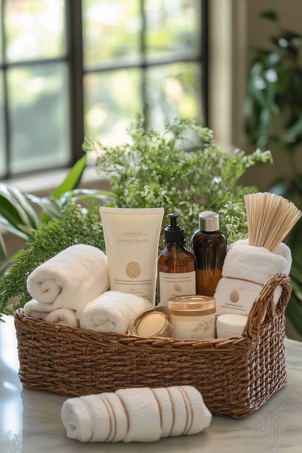 A wicker basket is filled with spa essentials, including rolled white towels, various bottles of cosmetic products, a candle in a gold lid container, and long wooden incense sticks. The basket is placed on a white surface, with green foliage in the background, set near a window letting in natural light.