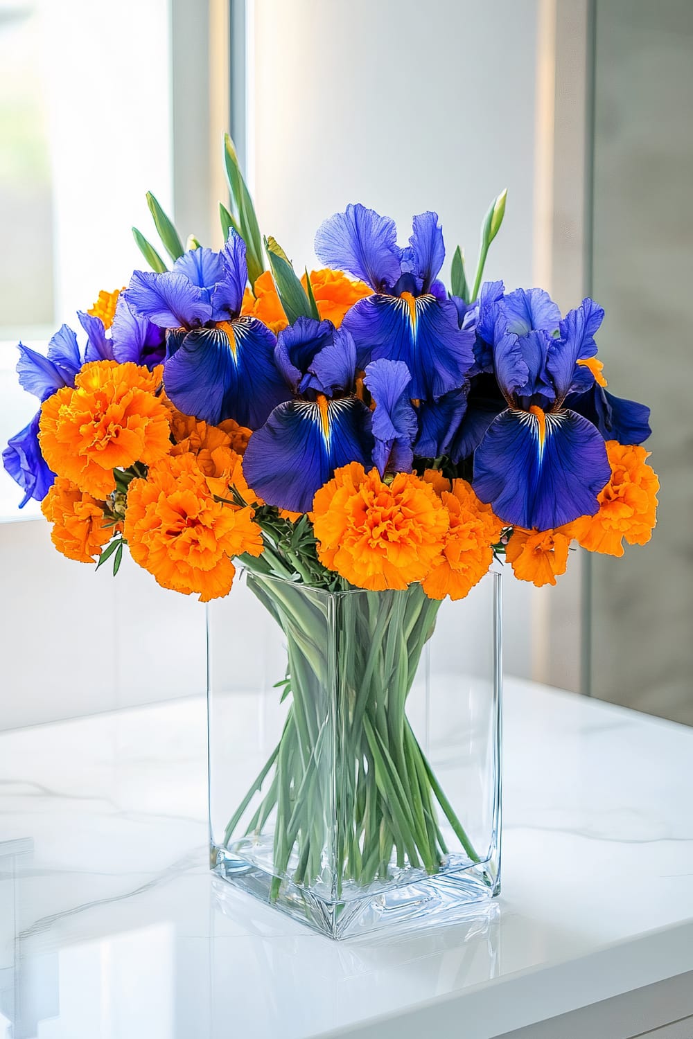 A transparent glass rectangular vase holds a vibrant mixed floral arrangement of deep blue irises and bright orange marigolds, set on a white countertop near a window.