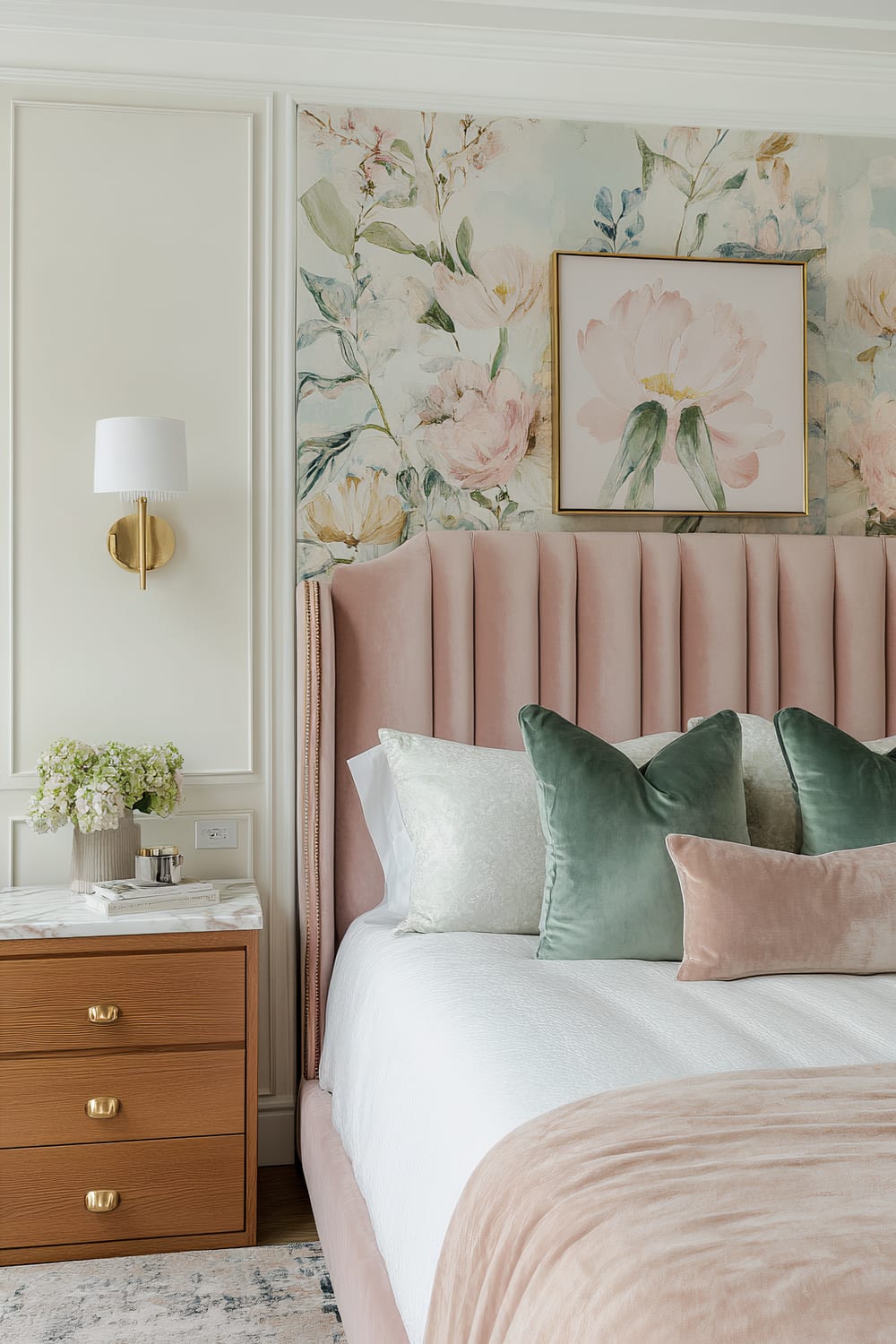 This bedroom features a blush pink velvet headboard with vertical channel tufting. The wall behind the headboard is adorned with floral wallpaper in pastel tones, accentuated by a framed artwork of a flower. A wooden nightstand with a marble top and brass handles sits beside the bed, holding a vase of green hydrangeas, a white candle, and a couple of books. A white wall sconce with a brass base is mounted above the nightstand. The bed is dressed in white linen with an assortment of green and pink pillows, and a pale pink throw blanket is draped across the foot of the bed.