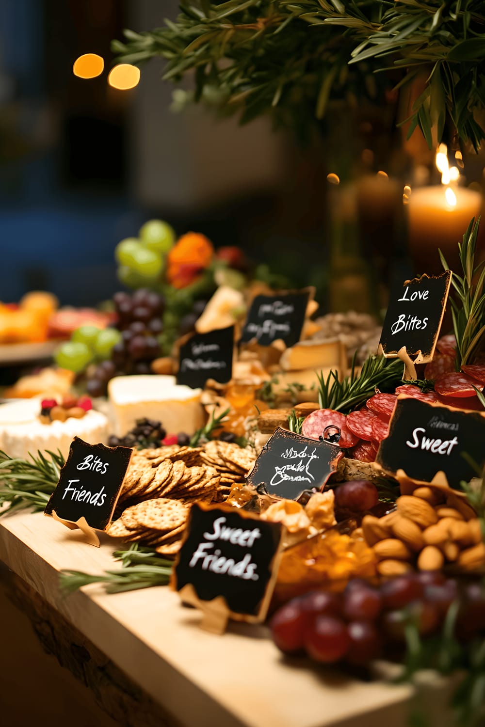 A meticulously arranged charcuterie board loaded with an abundance of cheeses, cured meats, fresh fruits, nuts, and artisan crackers. Each item has chic personalized labels such as "Love Bites" and "Sweet Friends". The scene also includes sprigs of fresh rosemary, edible flowers for added elegance, and soft, warm lighting.