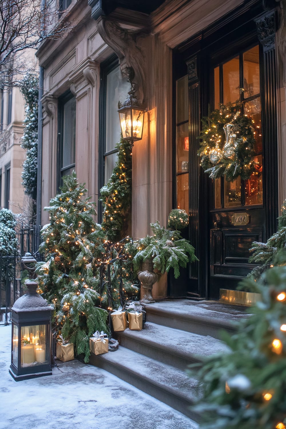 Exterior of a townhouse decorated for the Christmas season, featuring a black door with a holiday wreath, small Christmas trees adorned with lights on each side of the entrance, and snow-topped steps. There are wrapped presents at the base of the trees and a large lantern with a candle on the ground.