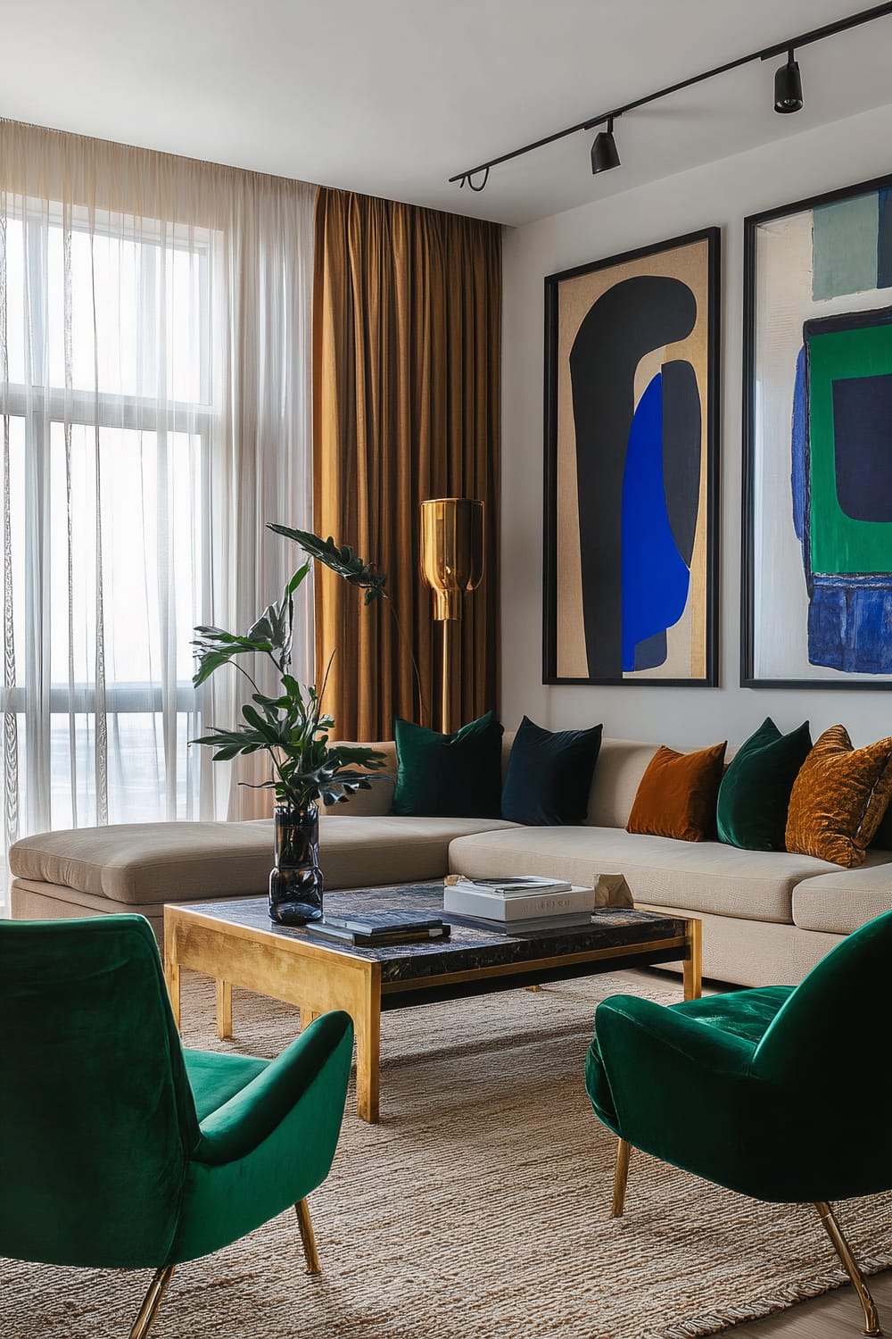 A refined living room featuring a beige sectional, a gold-framed coffee table, and deep green velvet armchairs. The space has soft linen curtains, a handwoven rug, and a gallery wall with large abstract art displaying vibrant blues and golds. There is a tall vase with green foliage on the coffee table, along with some books. Modern sconces provide ambient lighting, enhancing the room’s sophisticated yet cozy atmosphere.