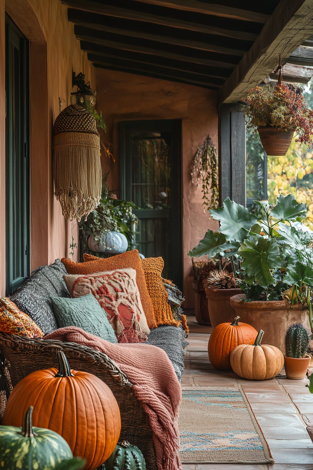 A rustic porch adorned with vibrant fall decor. A wicker sofa, covered with textured, multicolored throws and cushions in autumn shades, sits against a stucco wall. The floor is layered with a woven rug, while pumpkins in various sizes and a variety of potted plants add seasonal charm. Hanging planters with trailing foliage complete the cozy, welcoming atmosphere.