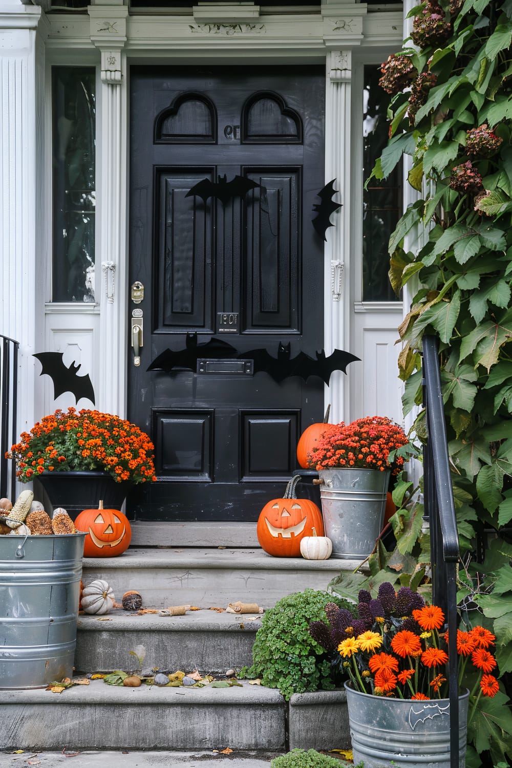 Front porch decorated for Halloween with a black door adorned with bat decorations. Several pumpkins, including carved jack-o'-lanterns, are placed on the steps and in metal buckets along with colorful autumn flowers. Corn cobs can be seen in one of the buckets, and leafy vines climb up one side of the porch.