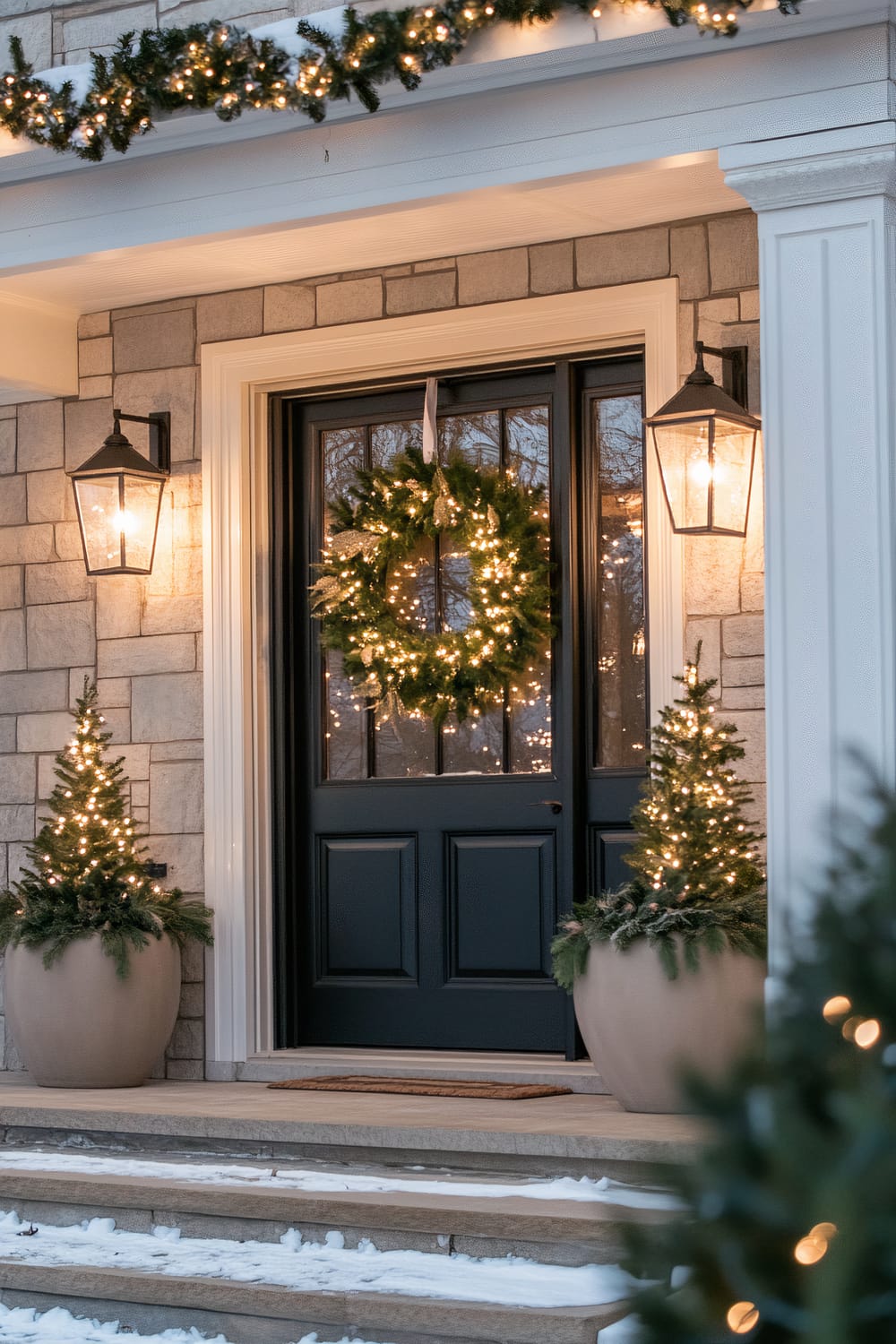 A festive front porch decorated for the holiday season. The entrance features a black door with large glass panels, centered with a glowing wreath adorned with white lights and gold decorations. The doorway is flanked by two large lantern-style sconces that cast a warm light. On each side of the door, potted evergreen trees wrapped in string lights add to the holiday ambiance. Above the door, a garland intertwined with small, sparkling white lights drapes across the portico. Snow lightly dusts the steps leading up to the entrance, enhancing the wintry, festive atmosphere.