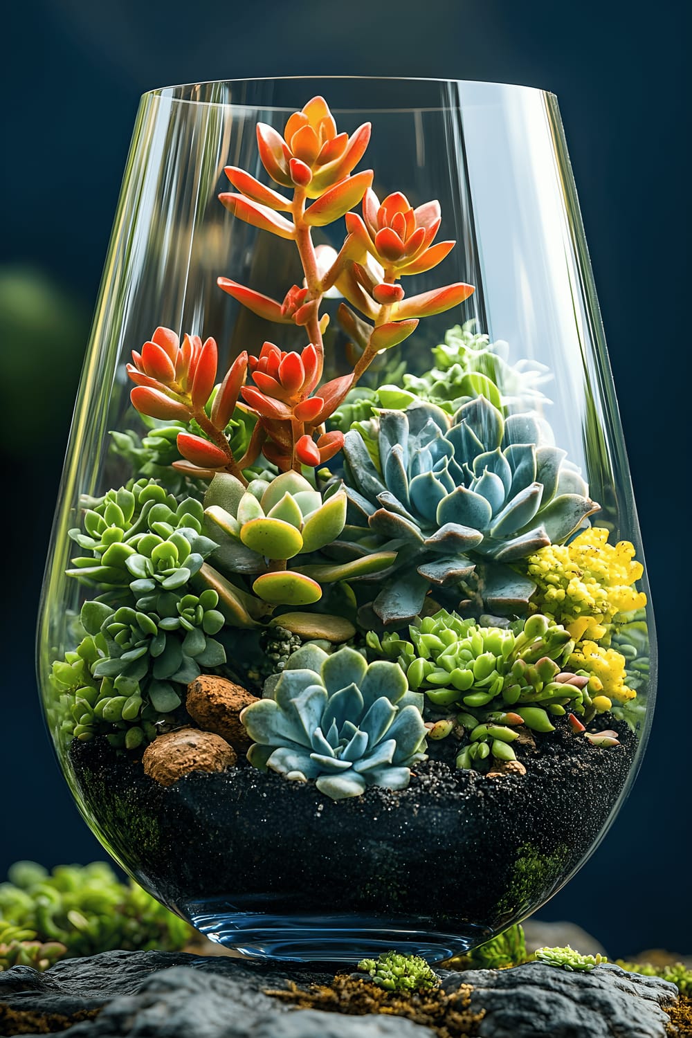 A clear champagne glass filled with dirt and a range of succulents, placed on an unidentified surface and set against a navy blue background. The glass and succulents are illuminated, resulting in a soft touch of light on their textures while contributing a modern and sophisticated look to the image.